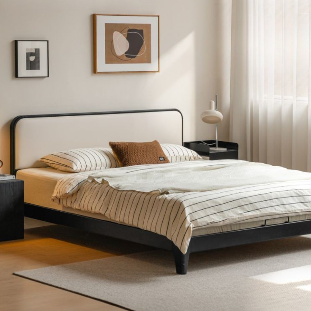 Rubberwood Solid Wood Bed — Modern Minimalist Black Design with Soft Headboard
