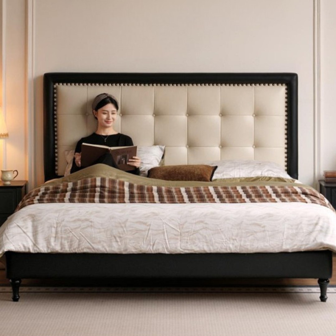 Luxury Genuine Leather Soft Headboard Bed, American Style Riveted Bed