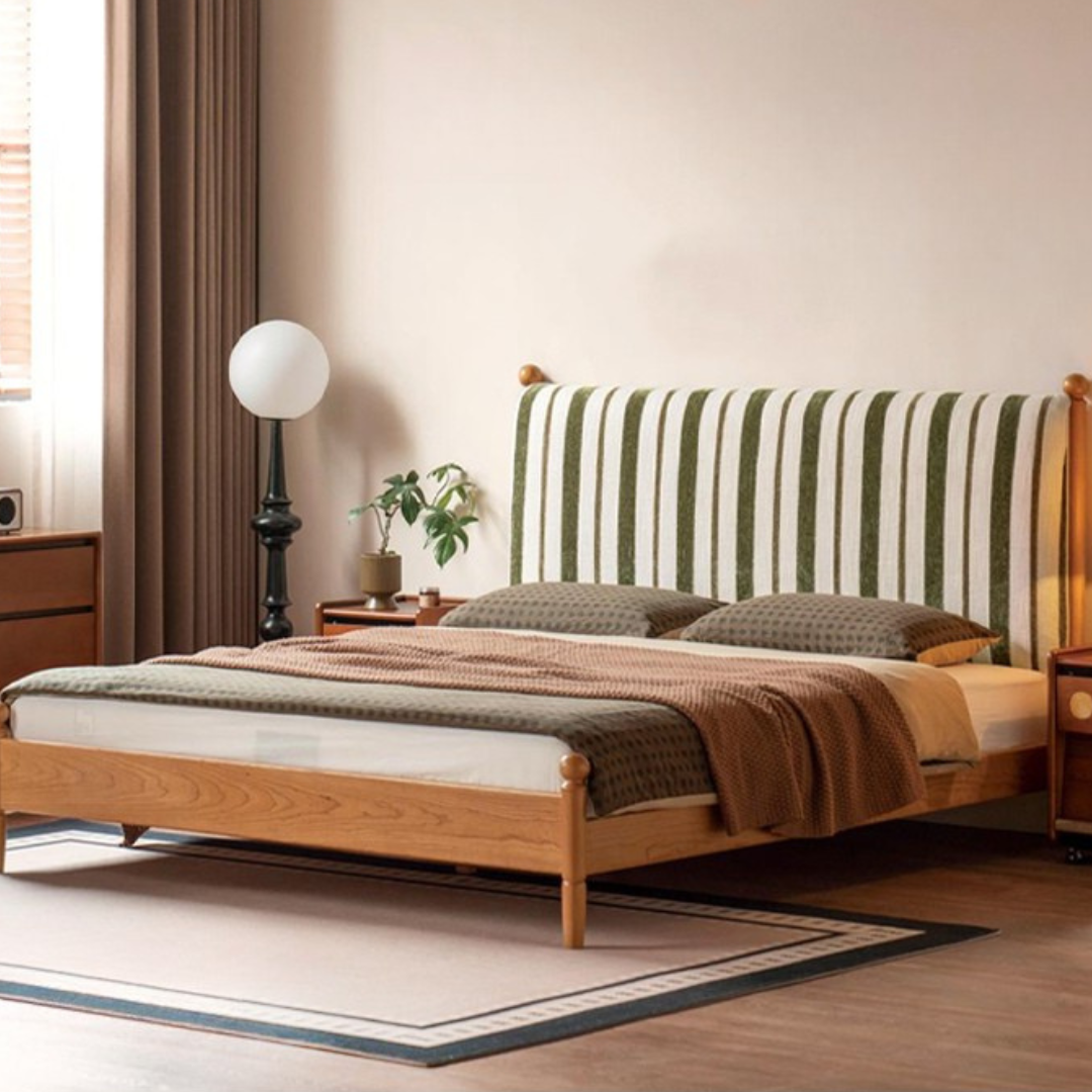 Cherry Solid Wood Fabric Upholstered Bed