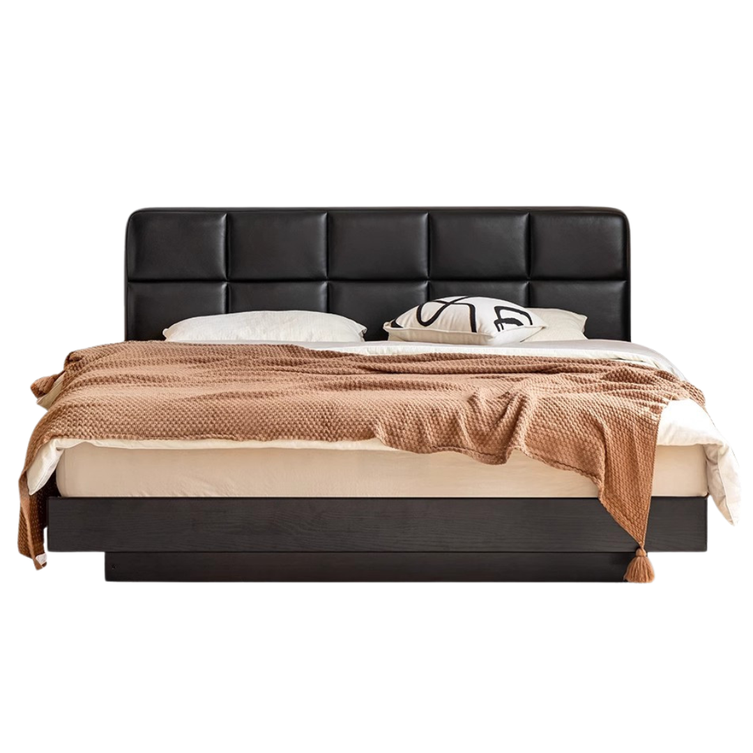 Oak Solid Wood Genuine Leather Upholstered Box Bed Retro Black Floating Bed