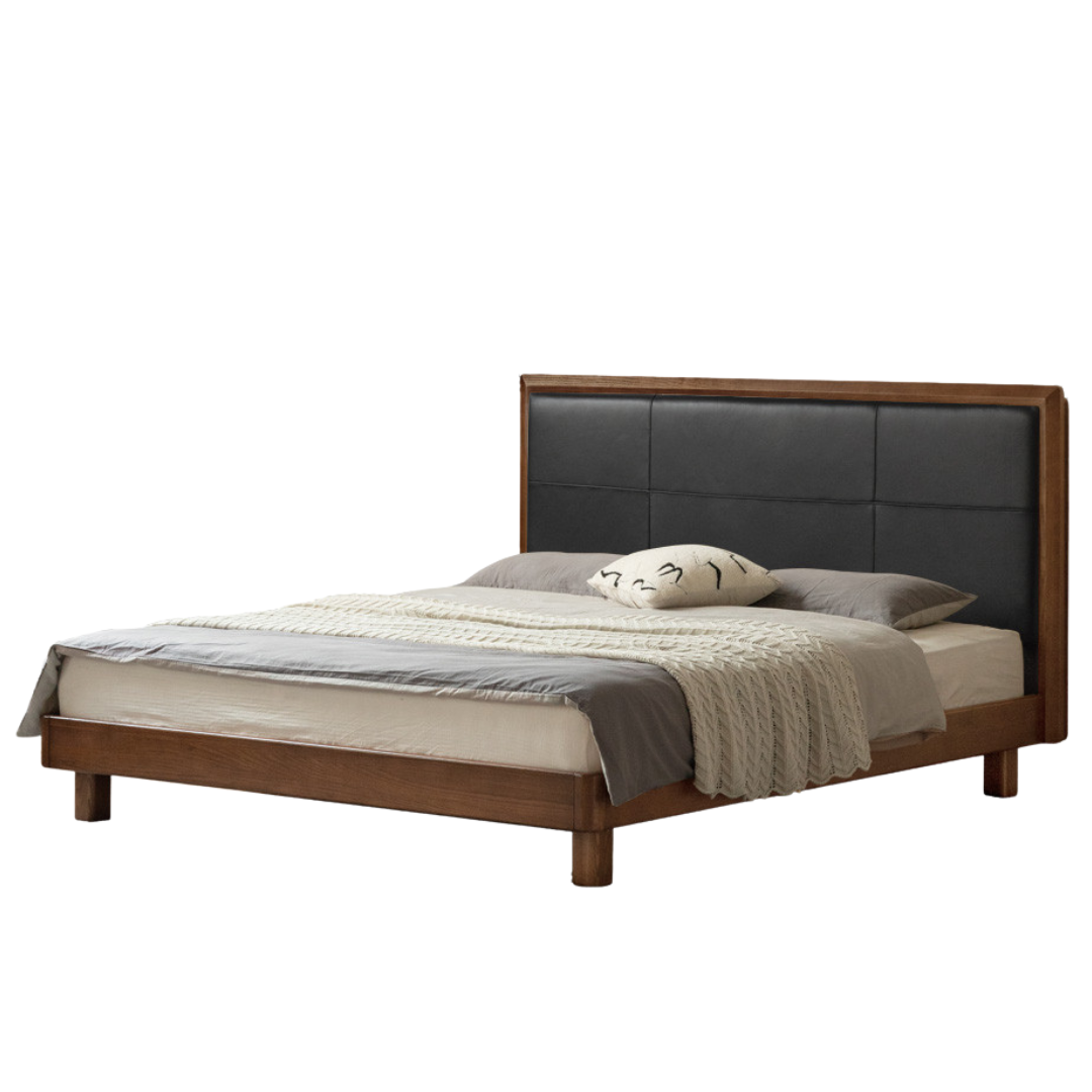 Black Walnut, Oak Solid Wood Italian Light Luxury Genuine Leather Soft Headboard Luminous Bed
