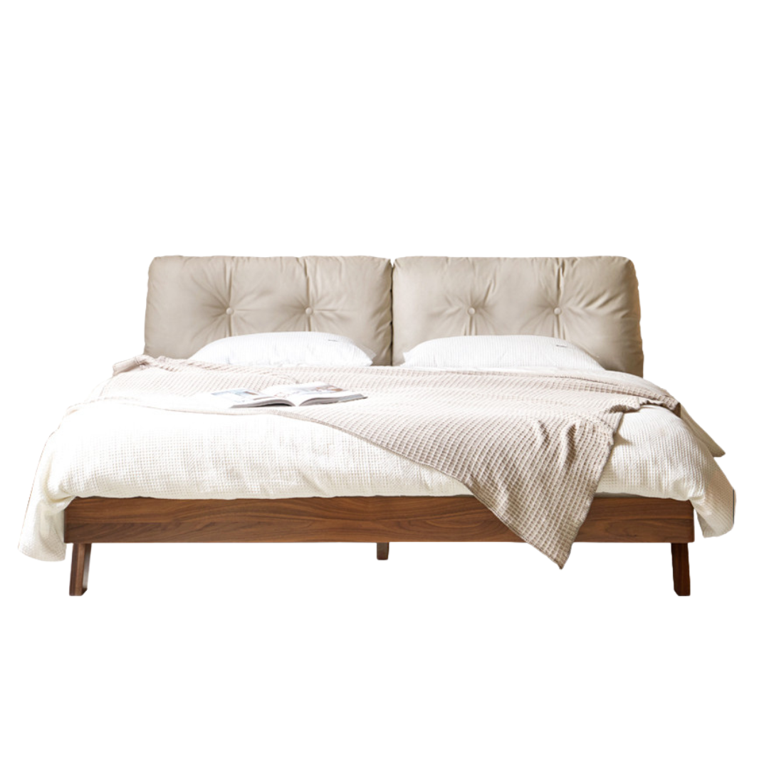 Black Walnut Solid Wood Bed with Top Genuine Leather Upholstery and Nordic High Headboard