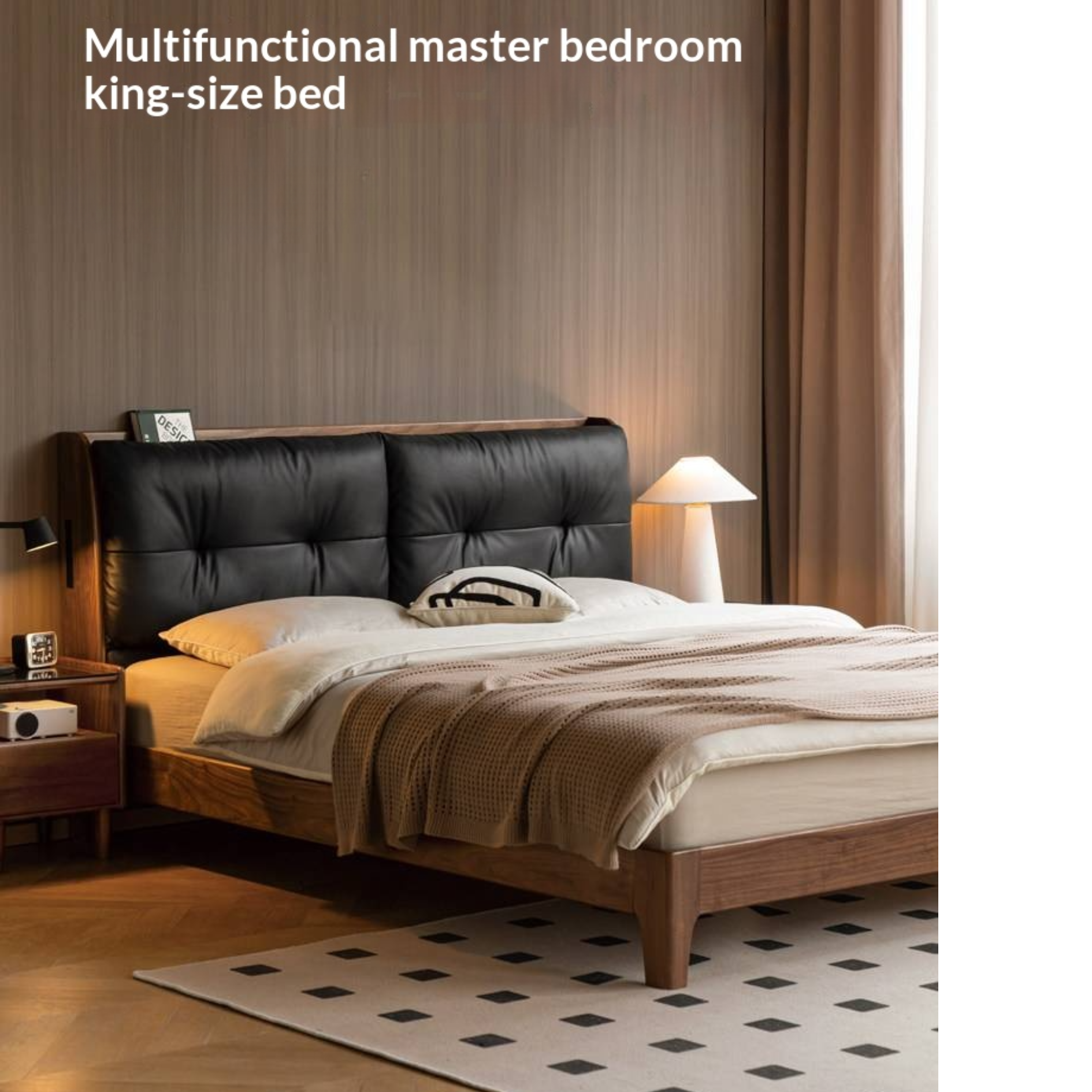 Black Walnut, Sandalwood Solid Wood Bed — Genuine Leather Upholstered, Simple Luxury Design