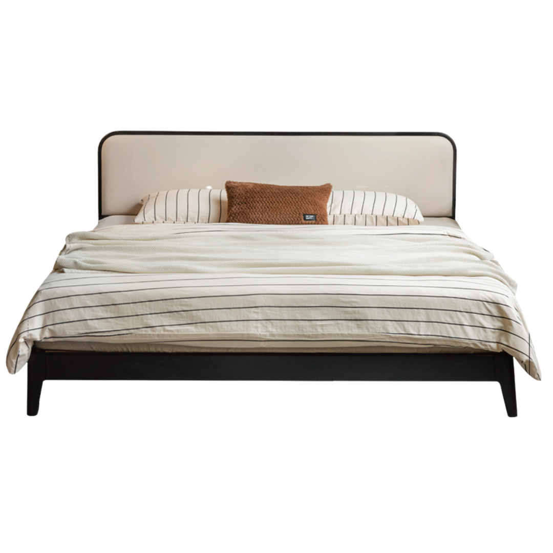 Rubberwood Solid Wood Bed — Modern Minimalist Black Design with Soft Headboard