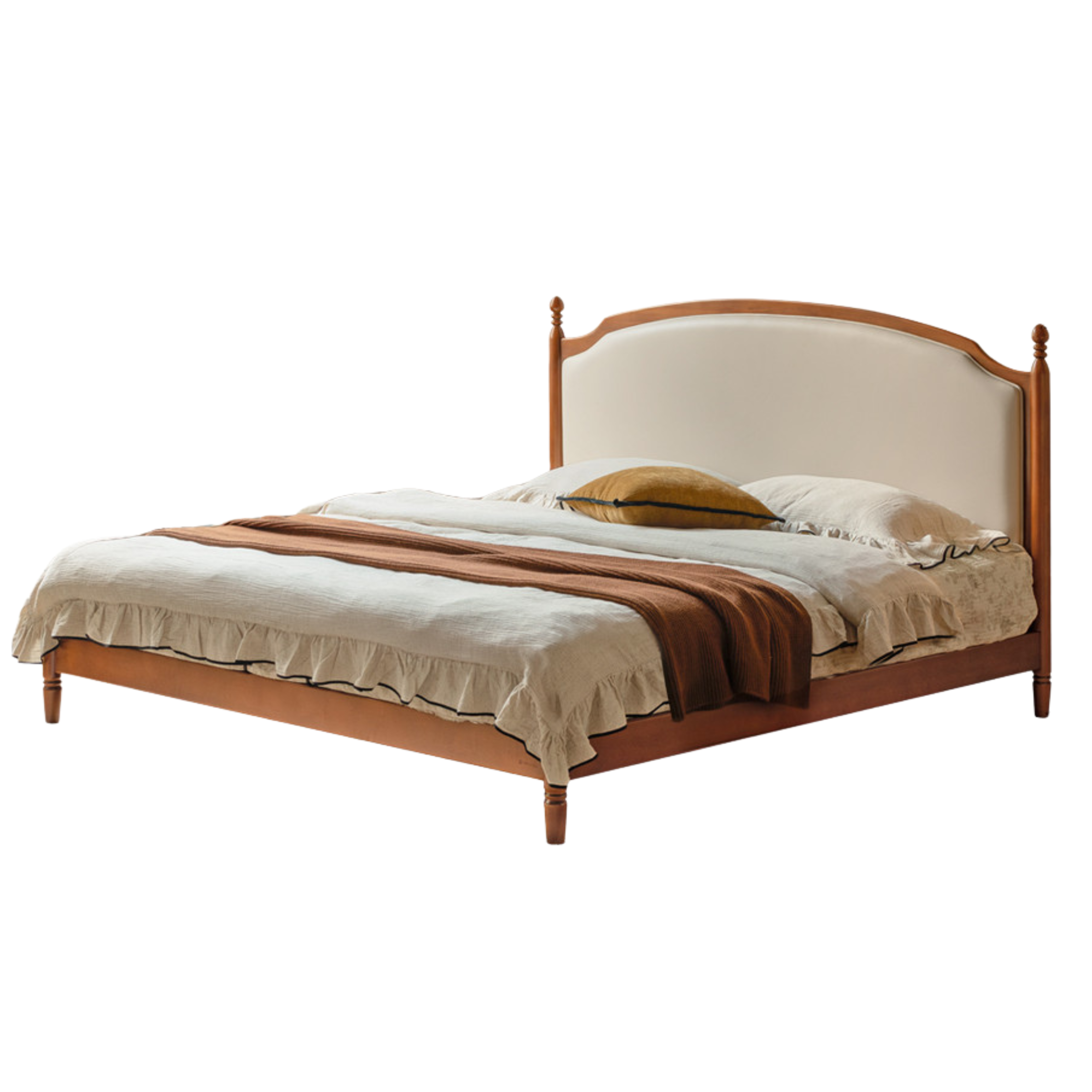 Poplar Solid Wood Bed – French Retro Design with Soft Fabric Upholstery