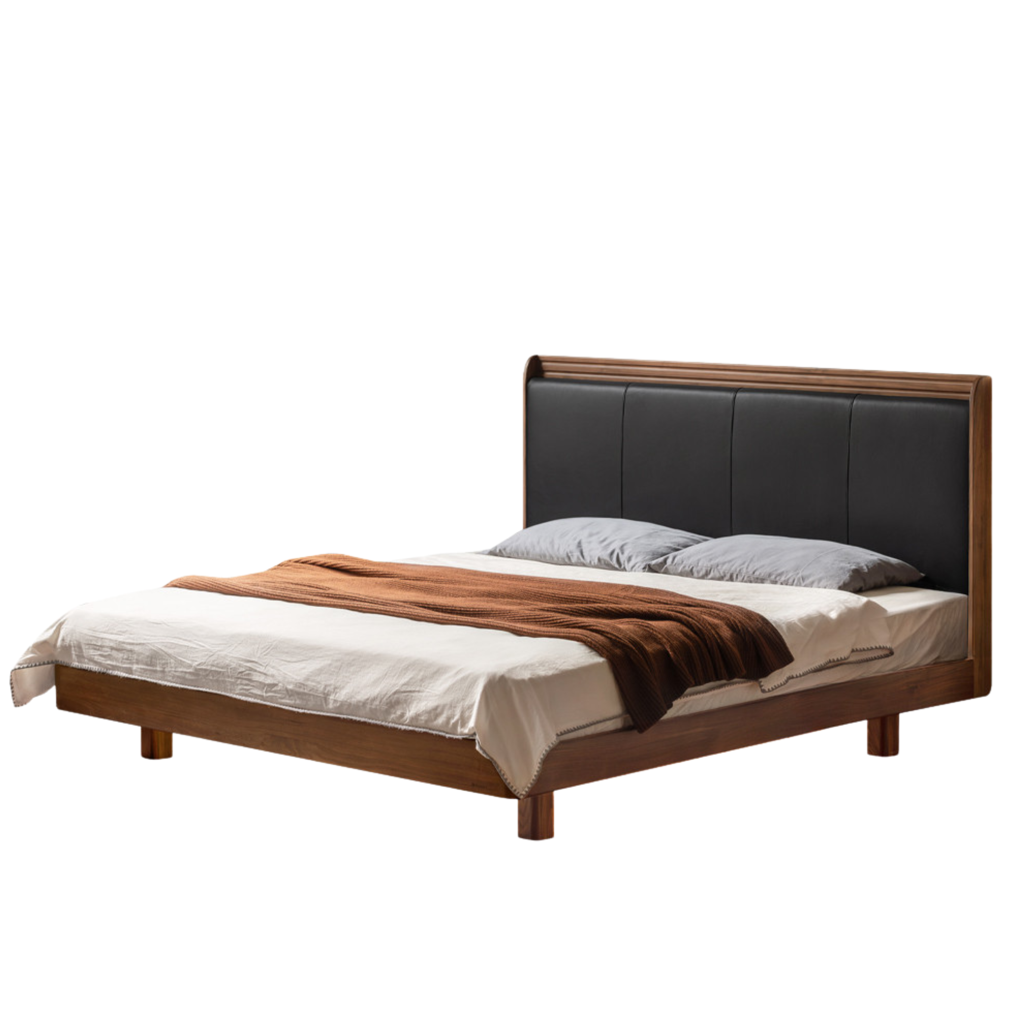 Black Walnut Solid Wood Luxury Leather With Light Bed