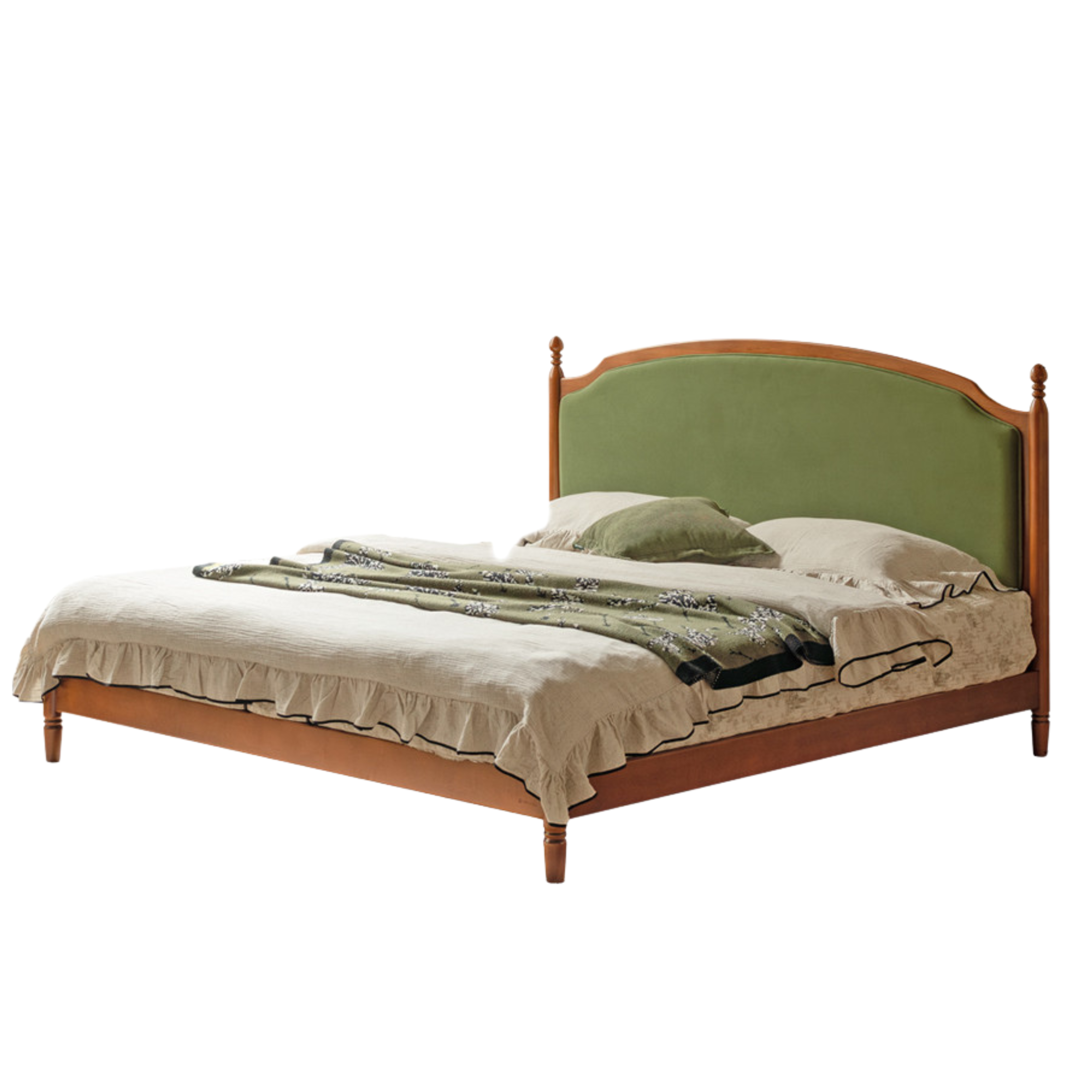 Poplar Solid Wood Bed – French Retro Design with Soft Fabric Upholstery