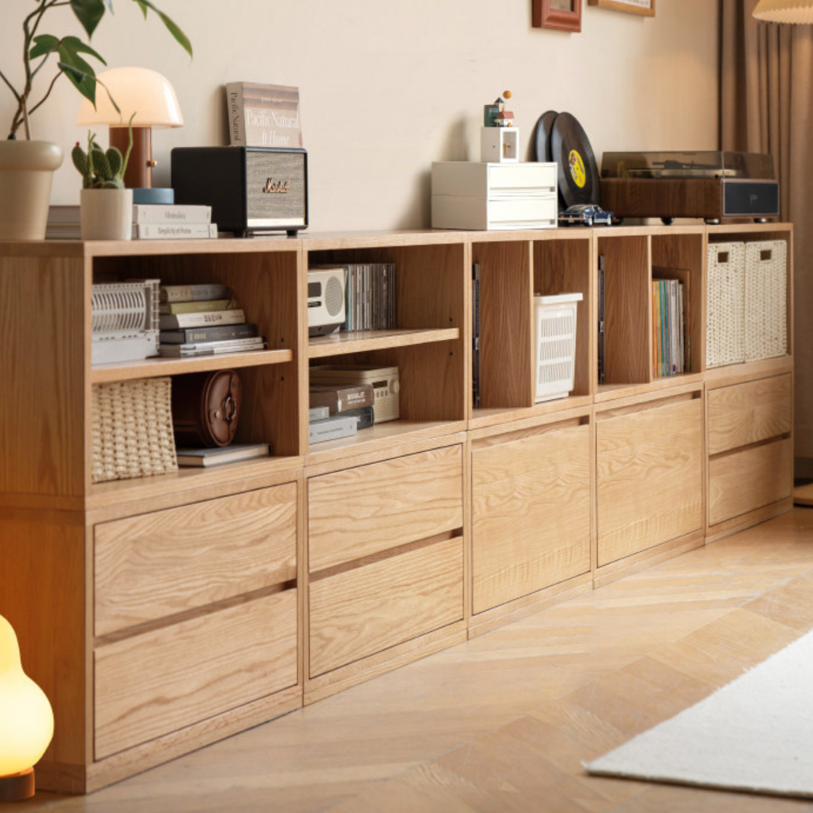 Ash Solid Wood Modern TV Cabinet with Freely Combineable Bookshelf and Storage