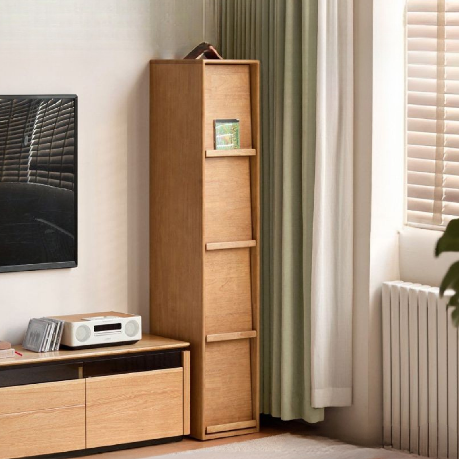 Solid RubberWood Minimalist Side Cabinet with Narrow Opening and Flip Doors