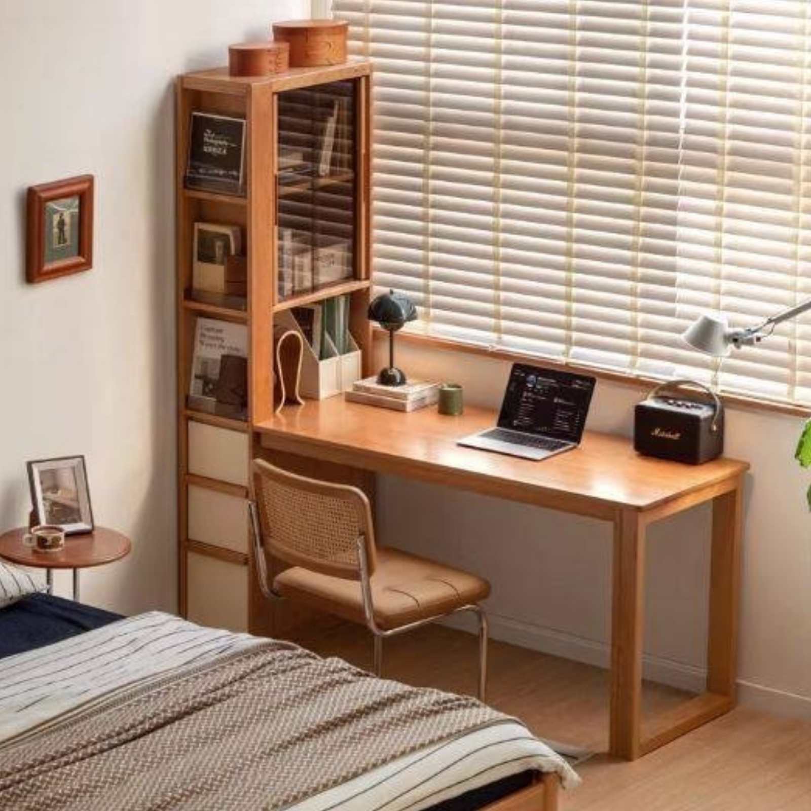 Cherry Solid Wood Office Desk with Integrated Bookshelf
