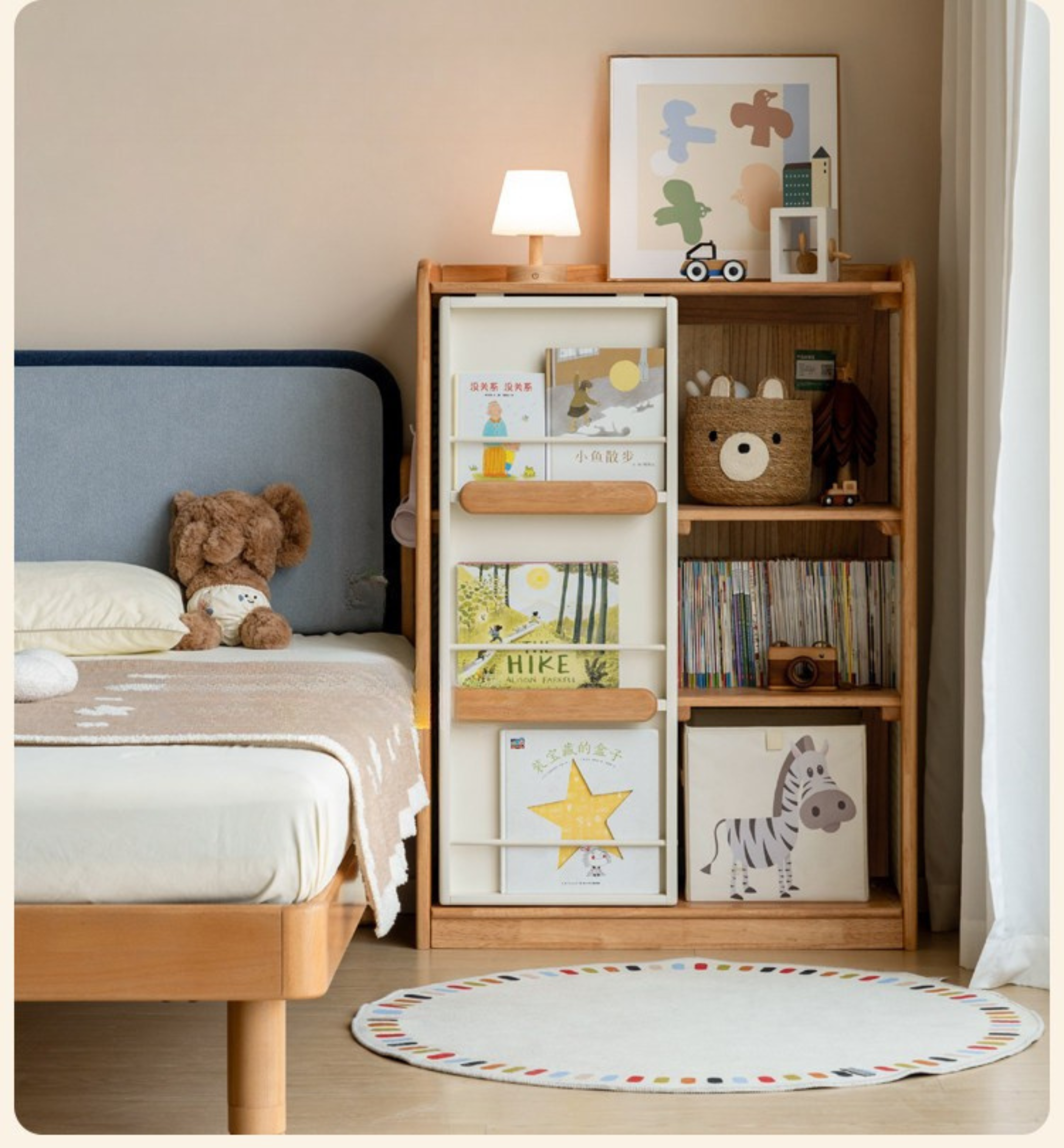 Solid Rubberwood Children's Bookcase with Sliding Doors and Toy Storage