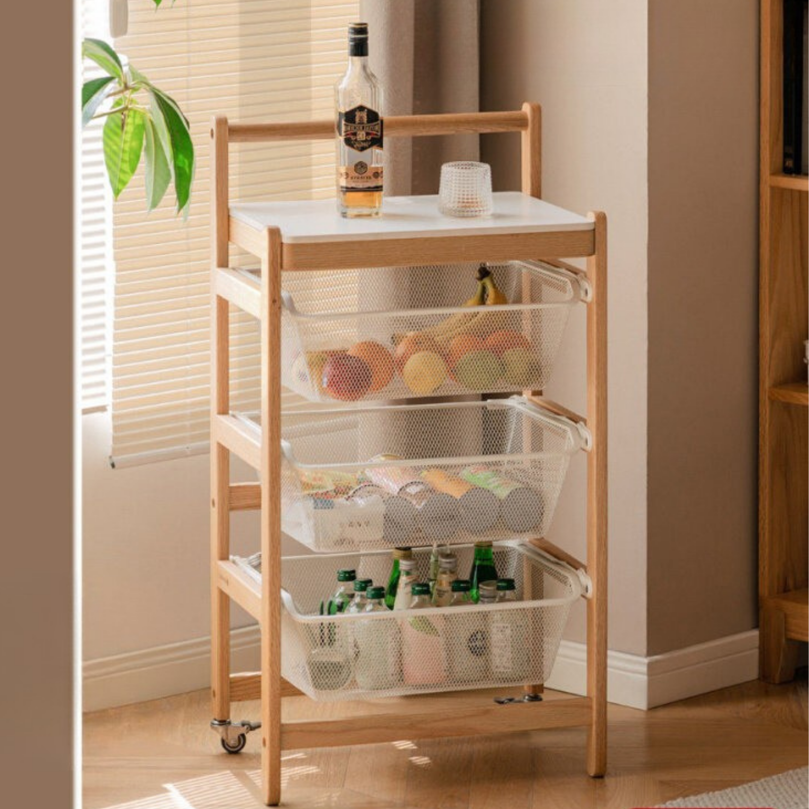 solid wood mobile storage rack Japanese-style trolley storage