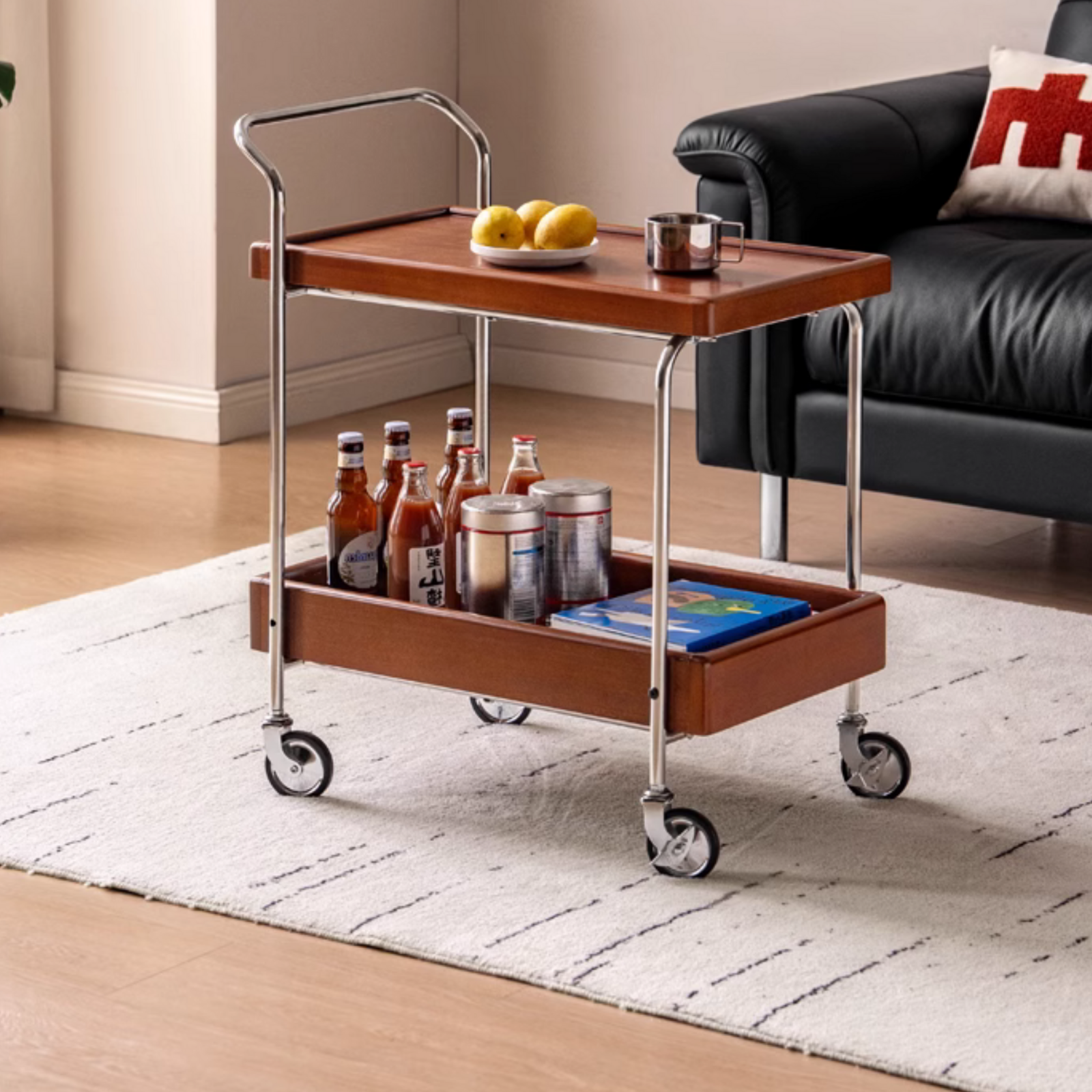 Oak, Poplar Solid Wood Antique Style Double Layer Mobile Side Table