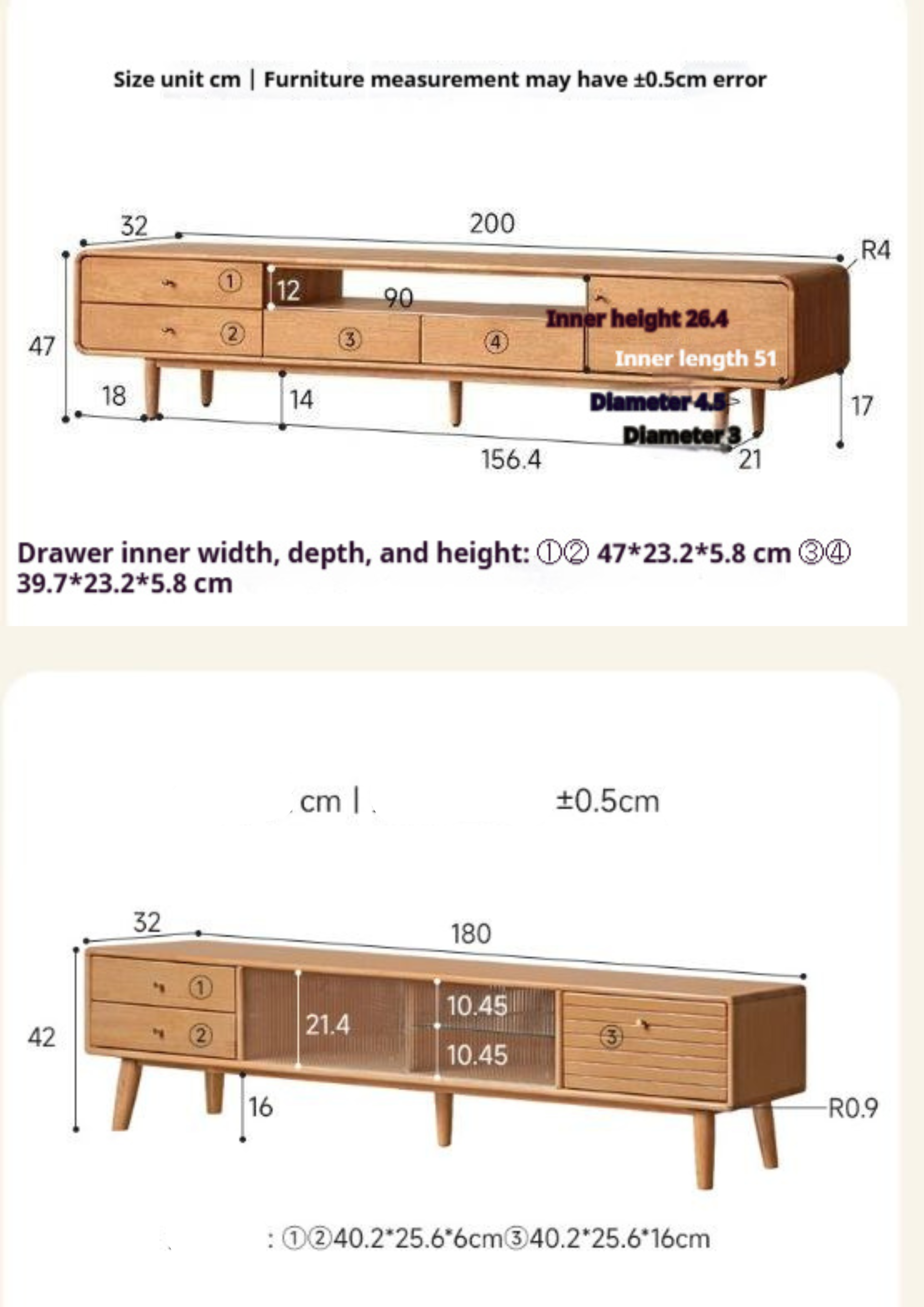 Solid Rubberwood Scandinavian TV Stand