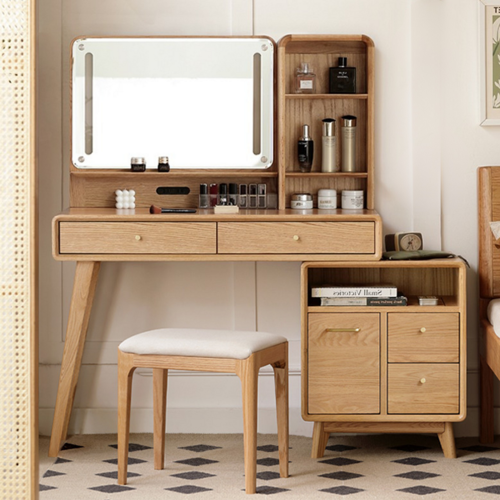 Oak, Rubberwood Solid Wood Vanity Table Telescopic.