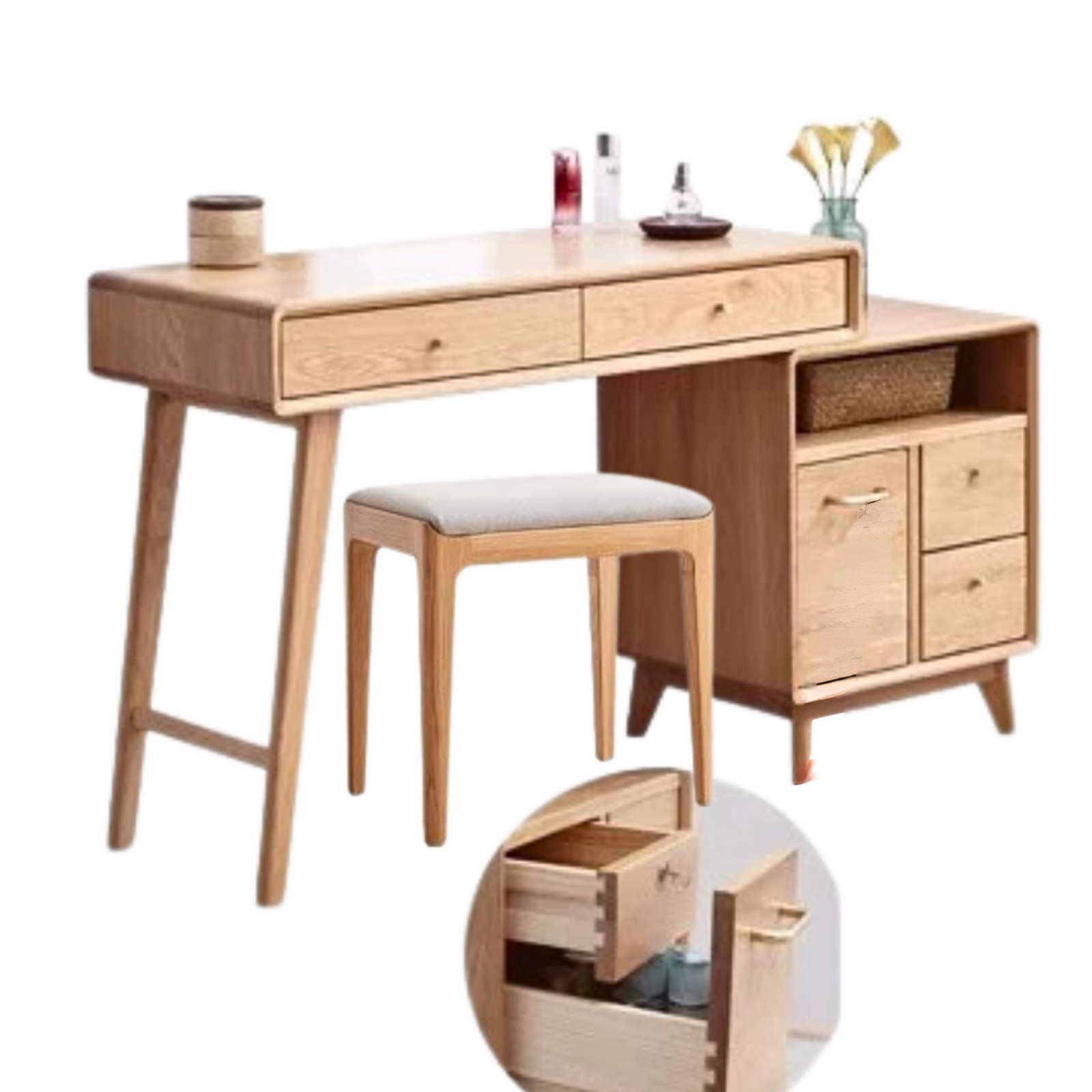 Oak, Rubberwood Solid Wood Vanity Table Telescopic.