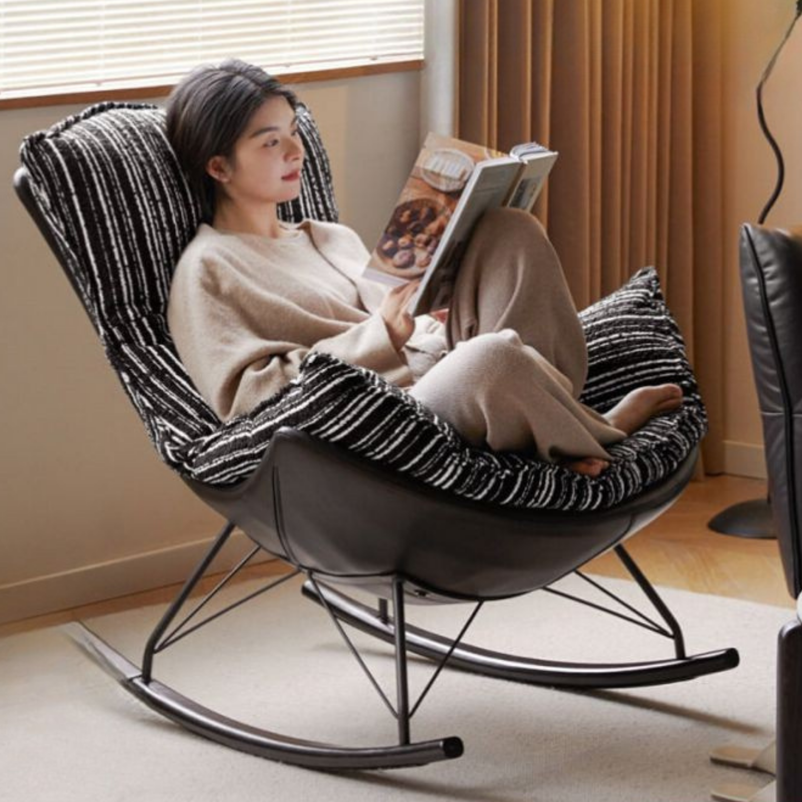 Beech Solid Wood Mid-Century Rocking Lounge Chair with Shell Seat