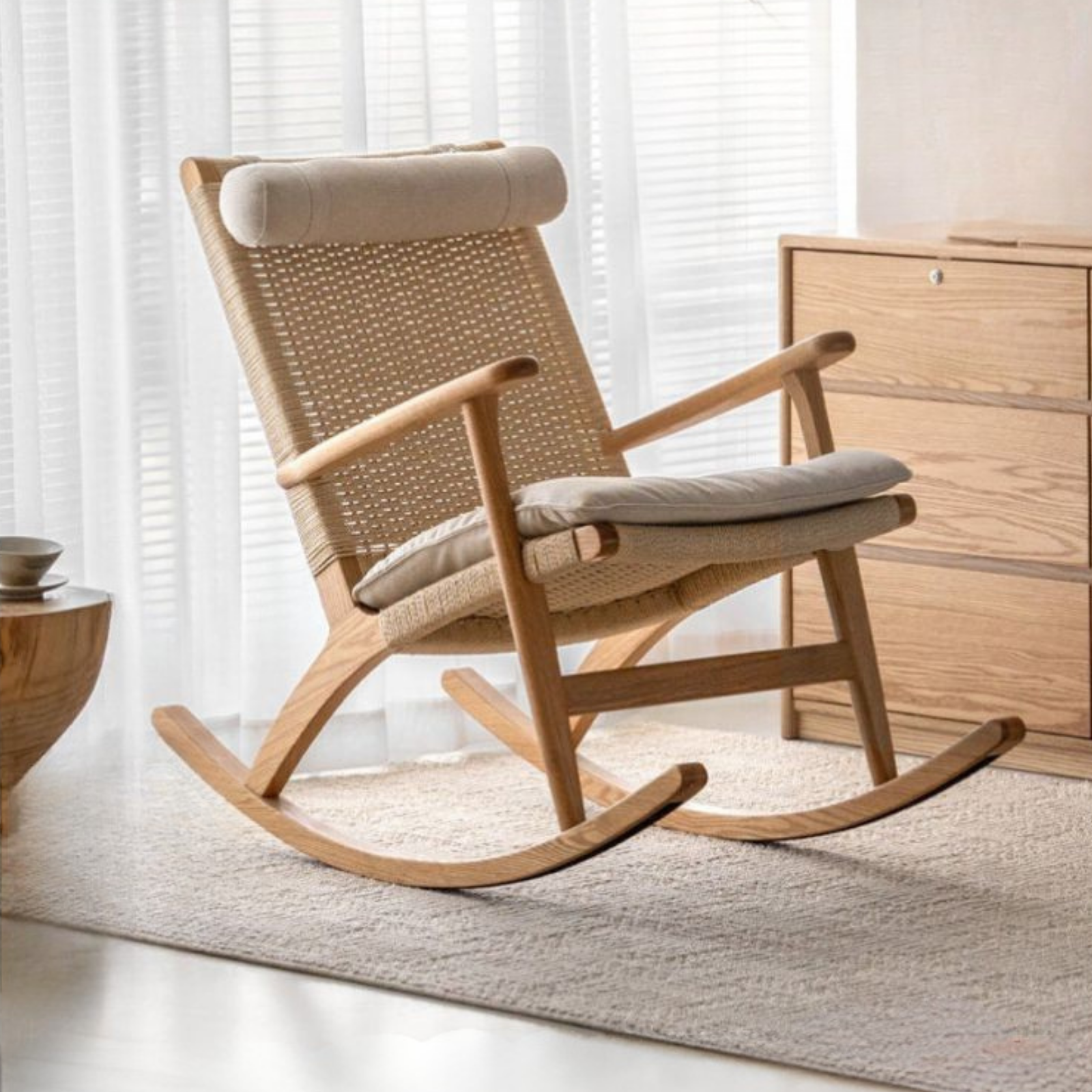 Oak Solid Wood Scandinavian Rocking Chair with Woven Seat