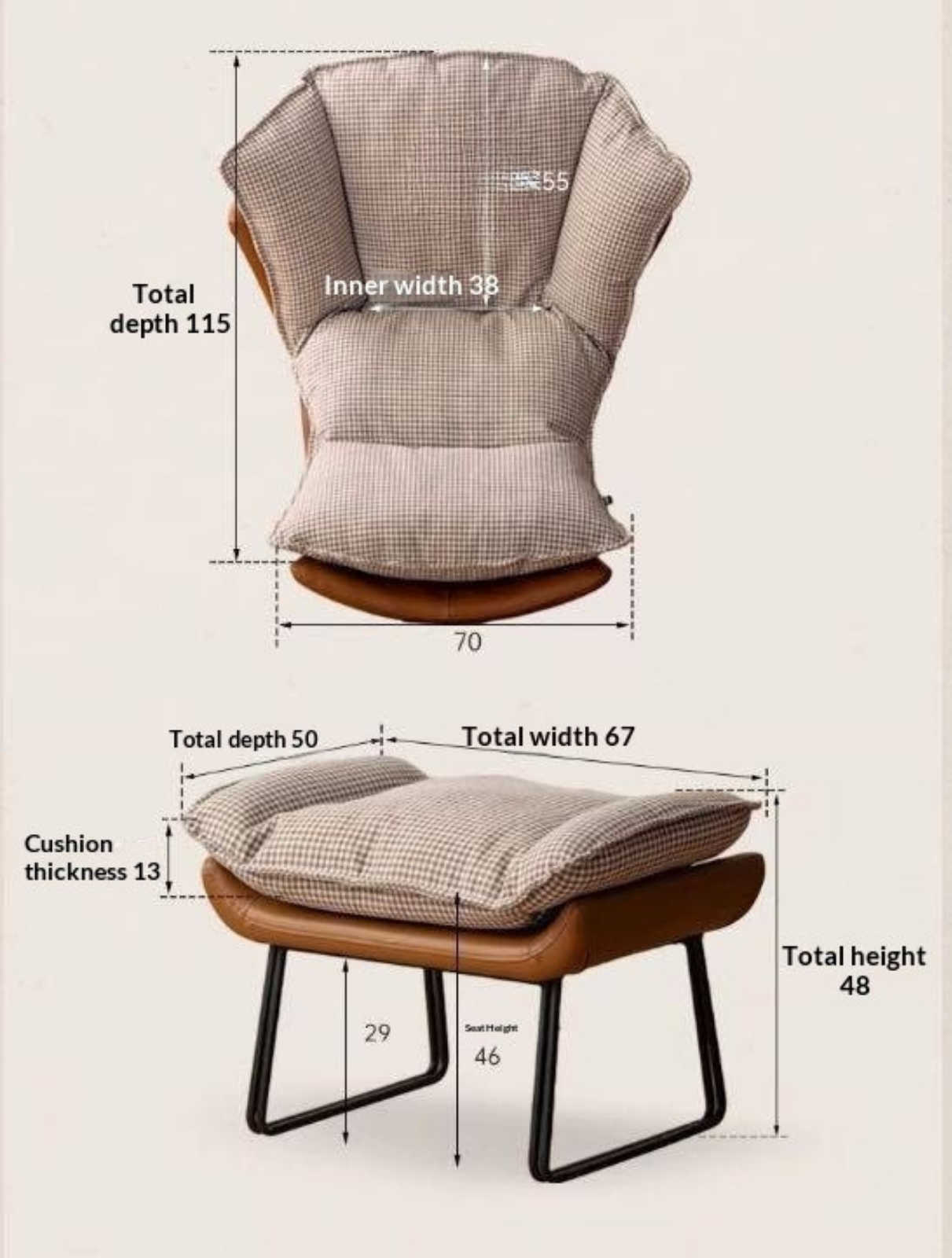 Beech Solid Wood Mid-Century Rocking Accent Chair with Houndstooth Cushion