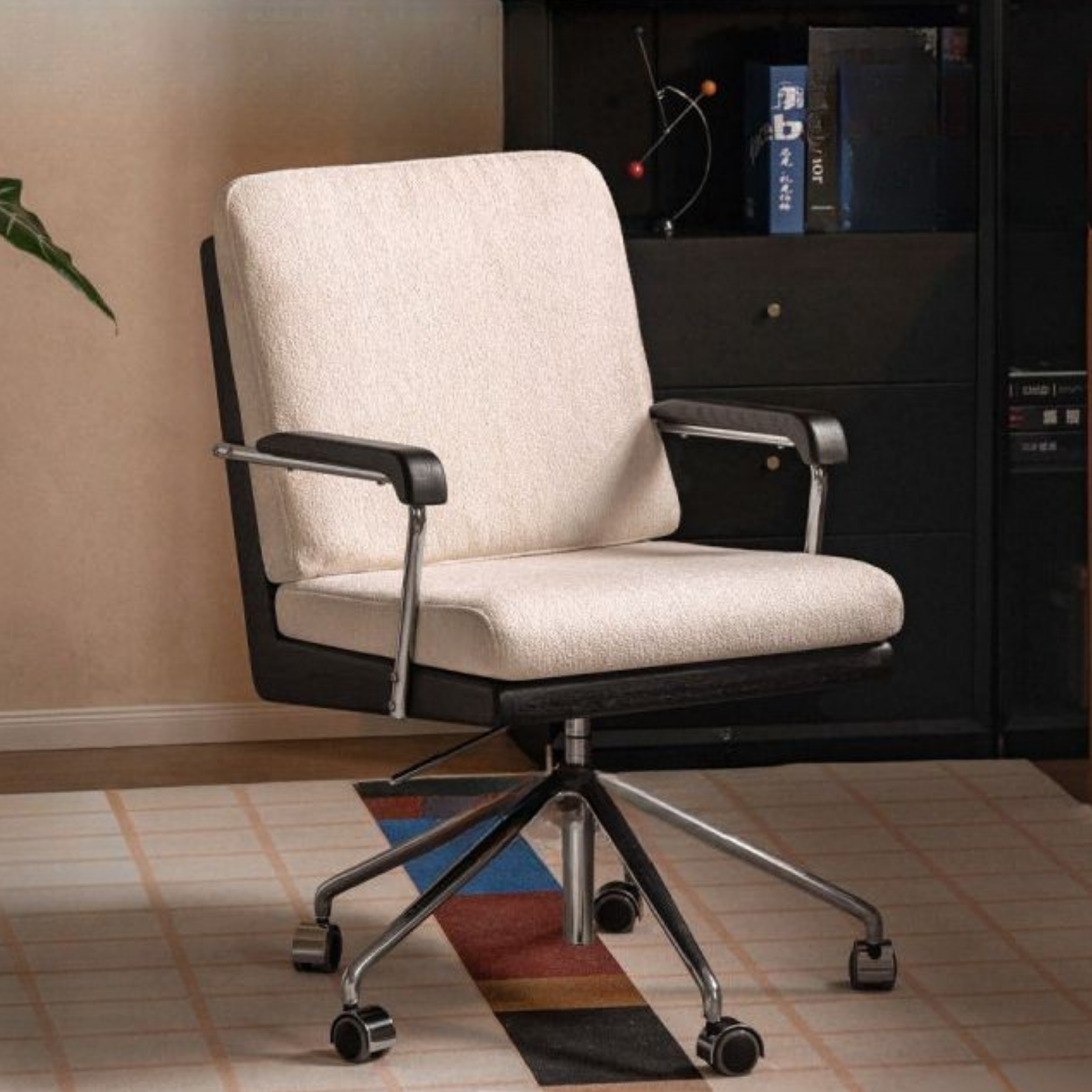 Oak Solid Wood Upholstered Swivel Office Chair with Adjustable Height, 360° Rotation, and Metal Base