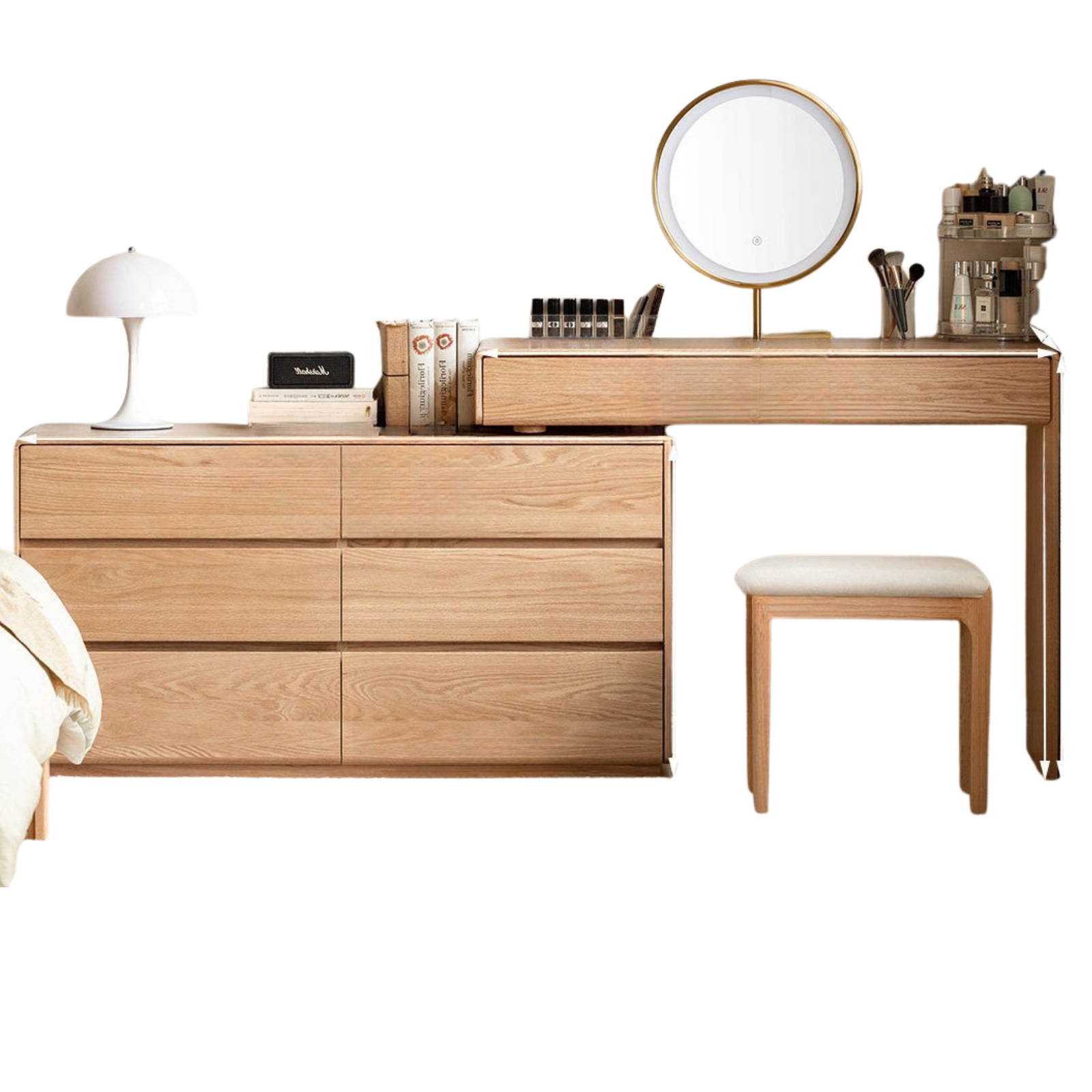 Oak, Ash Solid Wood Retractable Vanity Table Storage Cabinet.