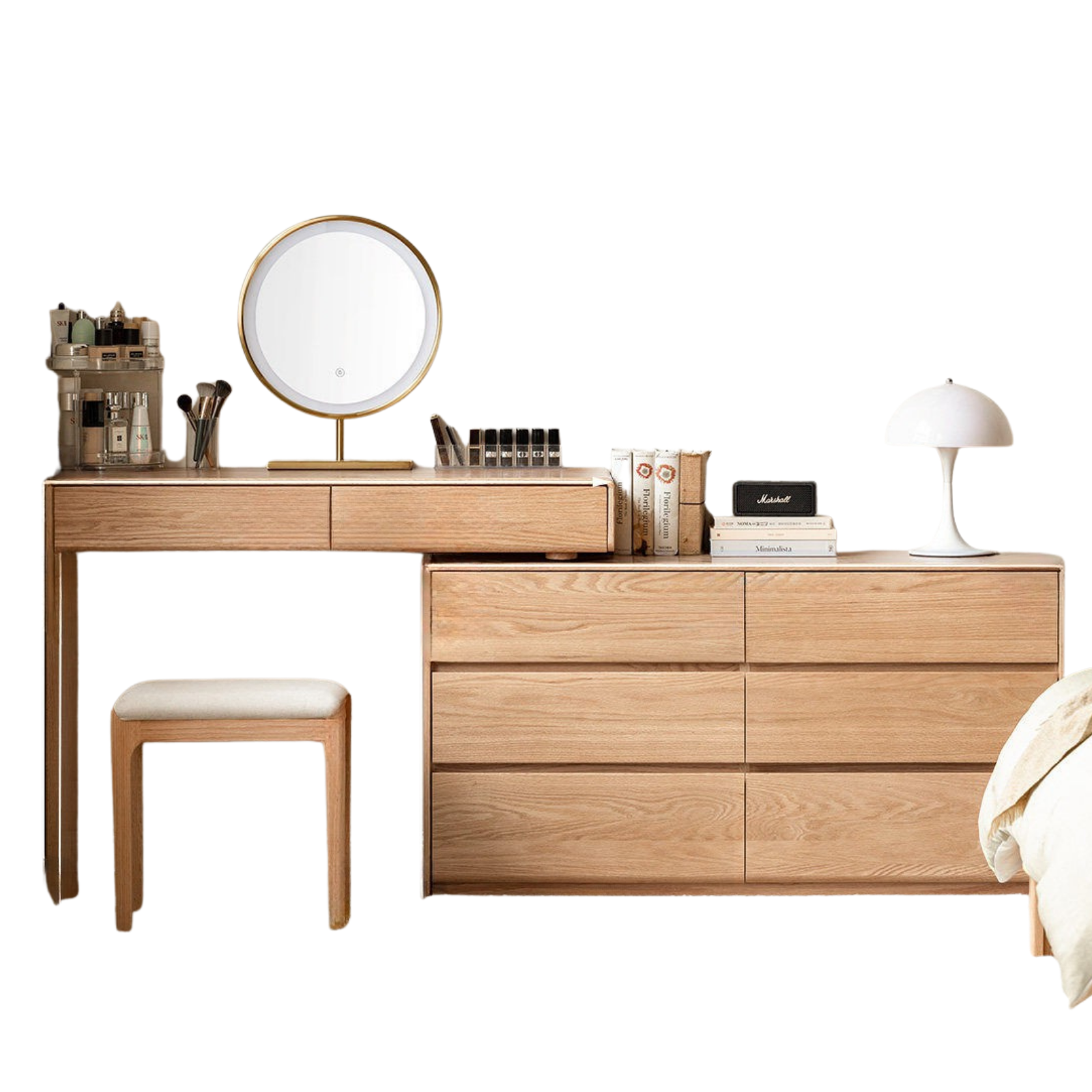 Oak, Ash Solid Wood Retractable Vanity Table Storage Cabinet.