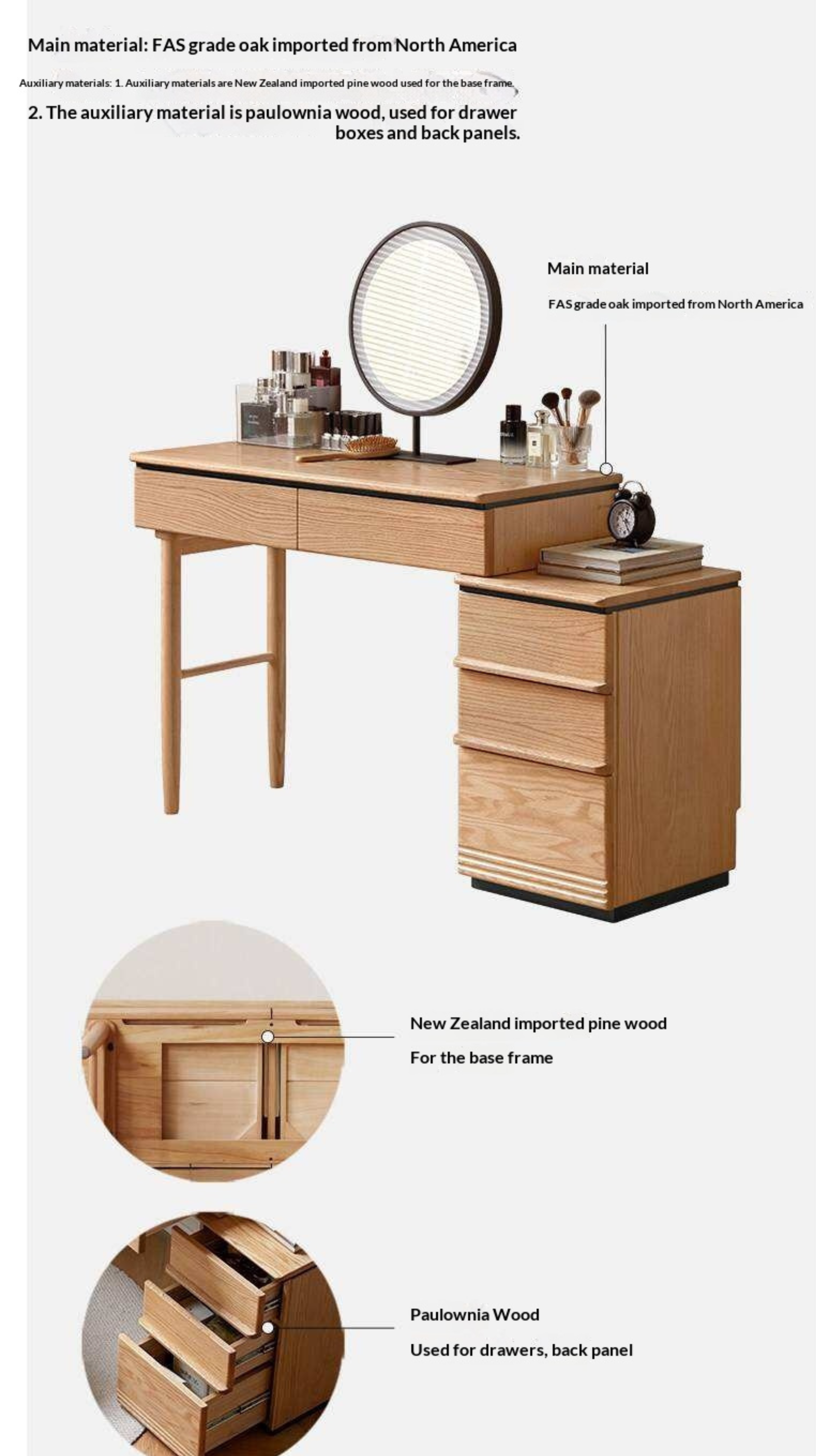 Oak Solid Wood Modern Retractable Vanity Table.
