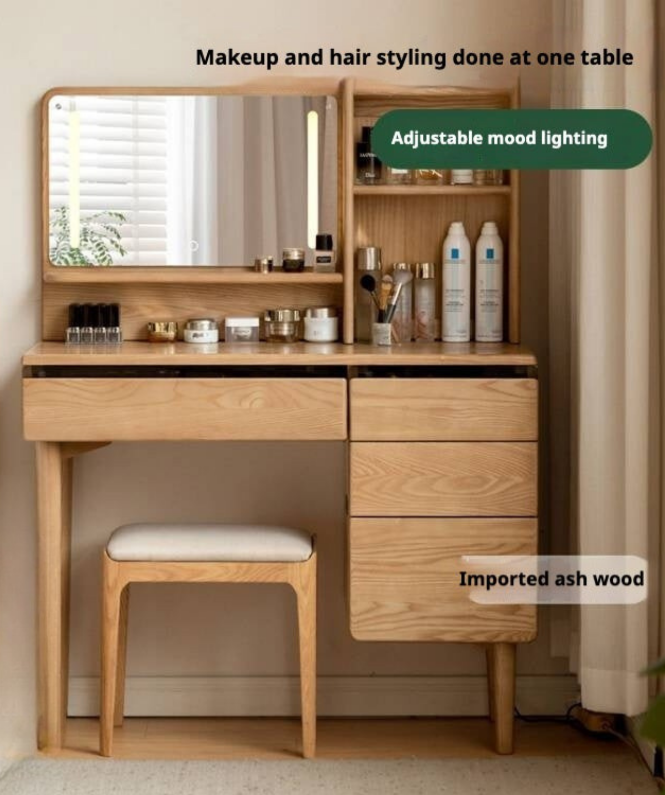 Ash, Oak Solid Wood Multifunctional Modern Vanity Table.