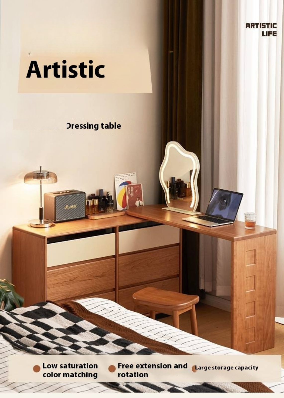 Cherry, Tulipwood Solid Wood Modern Style Vanity Table.