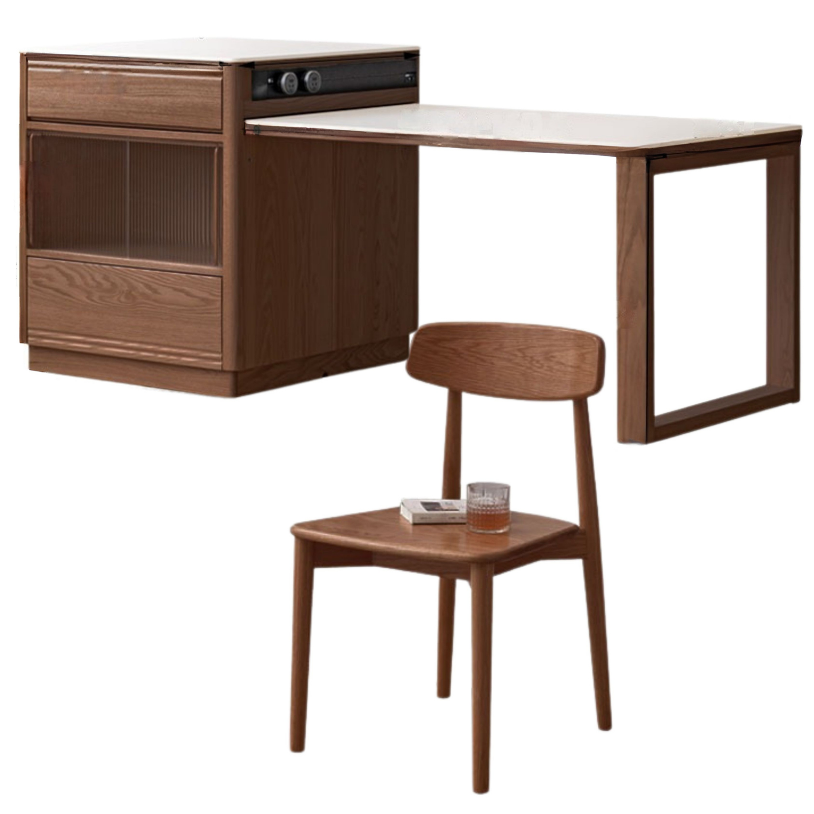 Oak Solid Wood Island + Table Integrated Retractable Rock Board