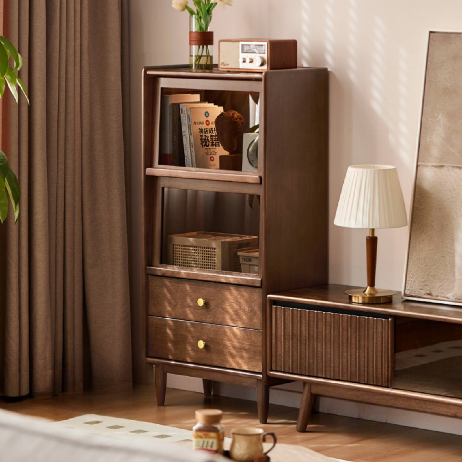 Sandalwood Solid Wood Side Cabinet with Storage and Light
