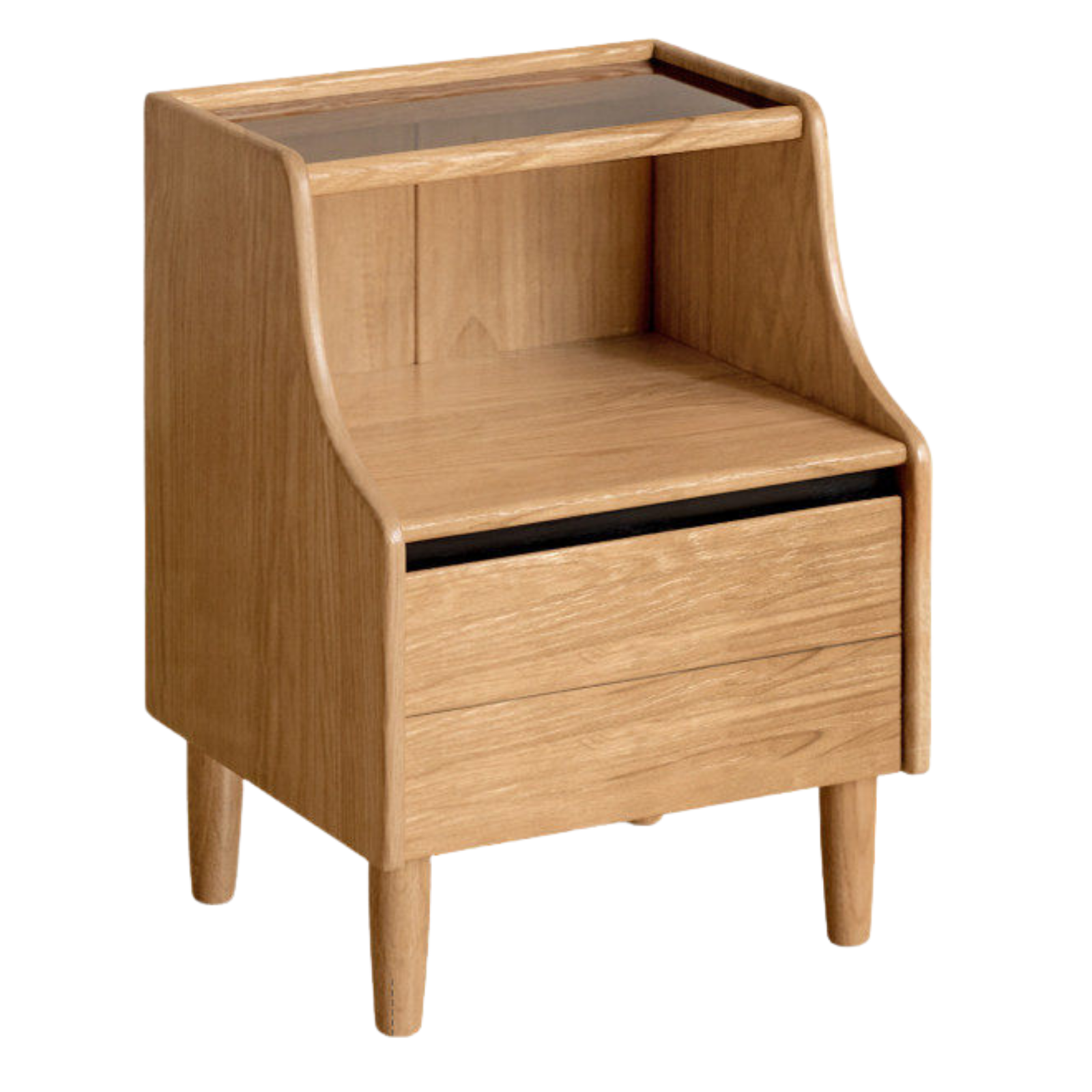 Solid RubberWood, Oak Solid Wood Nightstand with Glass Door with Storage
