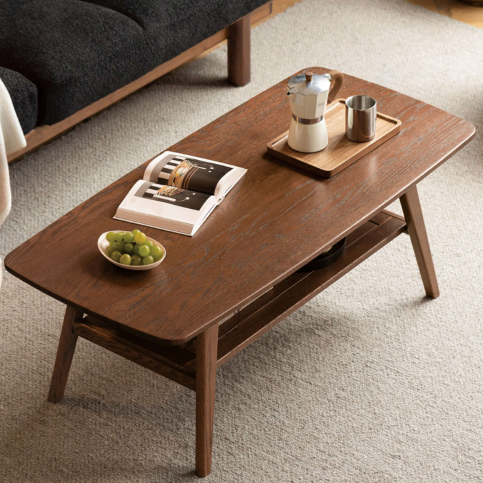 Solid Rubberwood, Beech, Oak Solid Wood Walnut Color Double-Layer Coffee Table