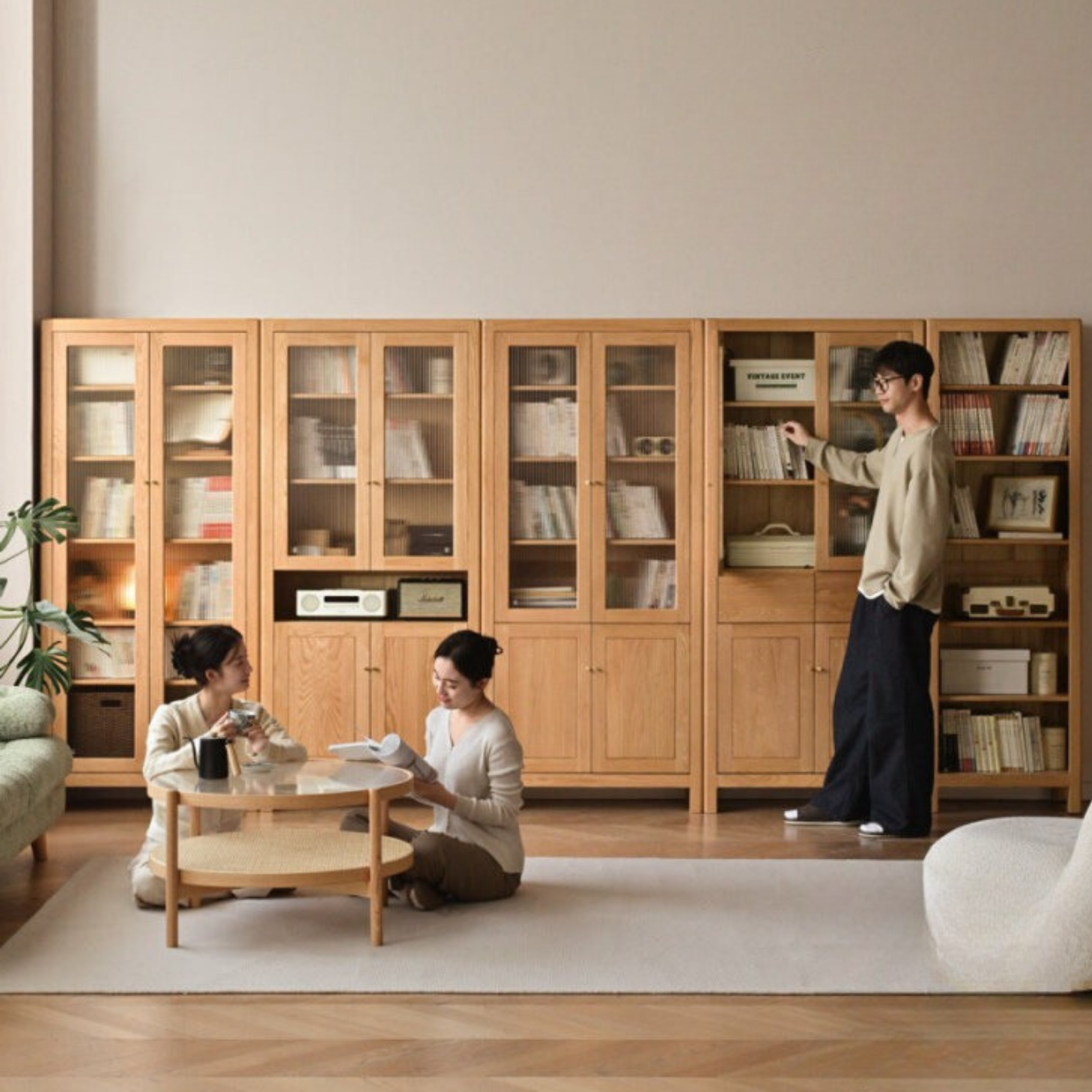 Oak, Solid Rubberwood Modern Minimalist Combination Bookcase