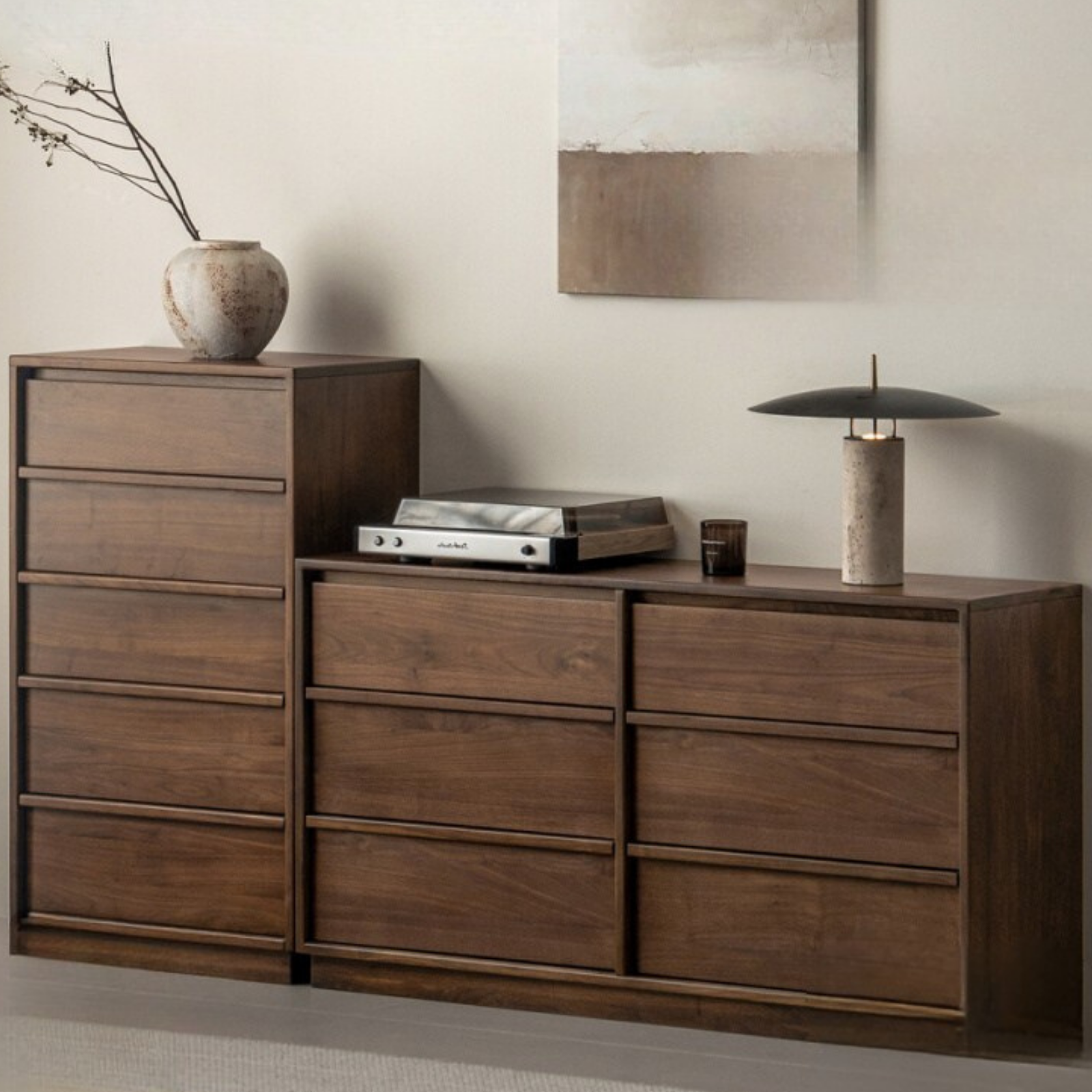 Black Walnut, Sandalwood, Oak Solid Wood Skeleton Line Chest of Drawers 65.3×15.8×29.7 inch / 165.8×40.0×75.4 cm / Rich Dark Walnut Color / Black