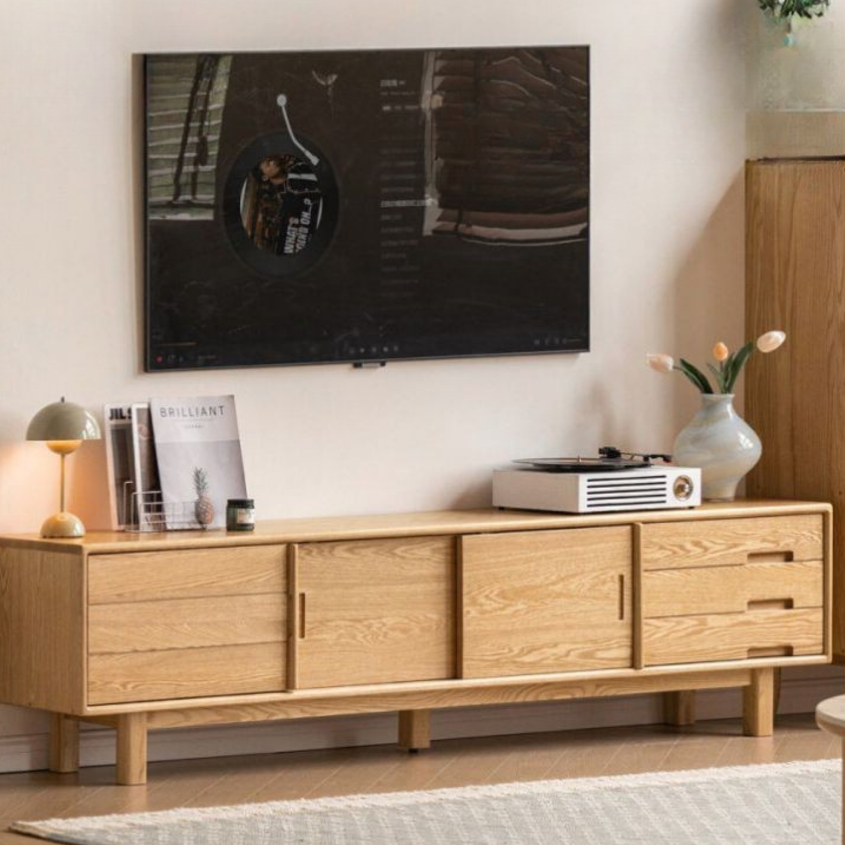 Oak Solid Wood TV Console with Ribbed Sliding Doors and Open Shelving