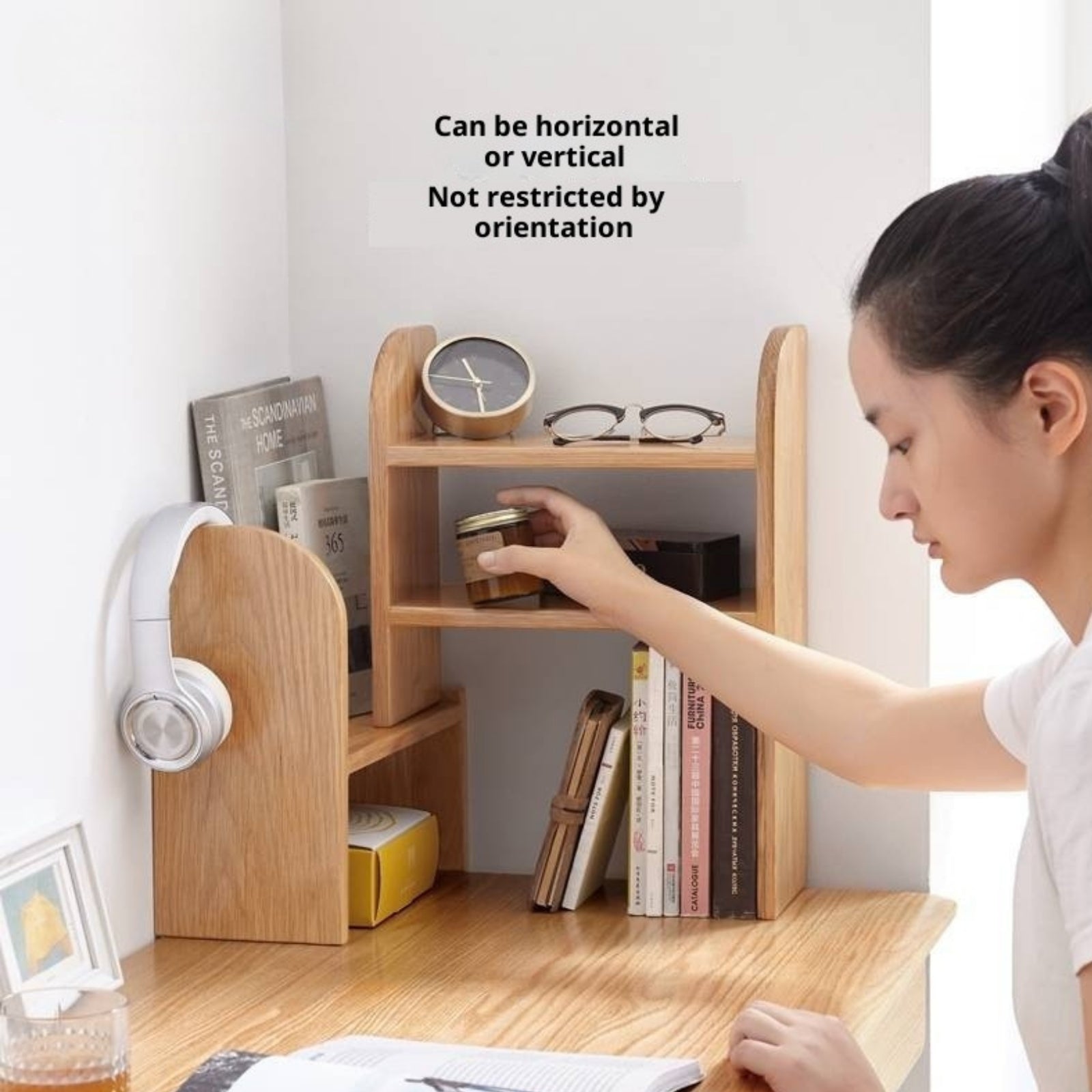 Solid Rubberwood, Oak Solid Wood Bookshelf Retractable