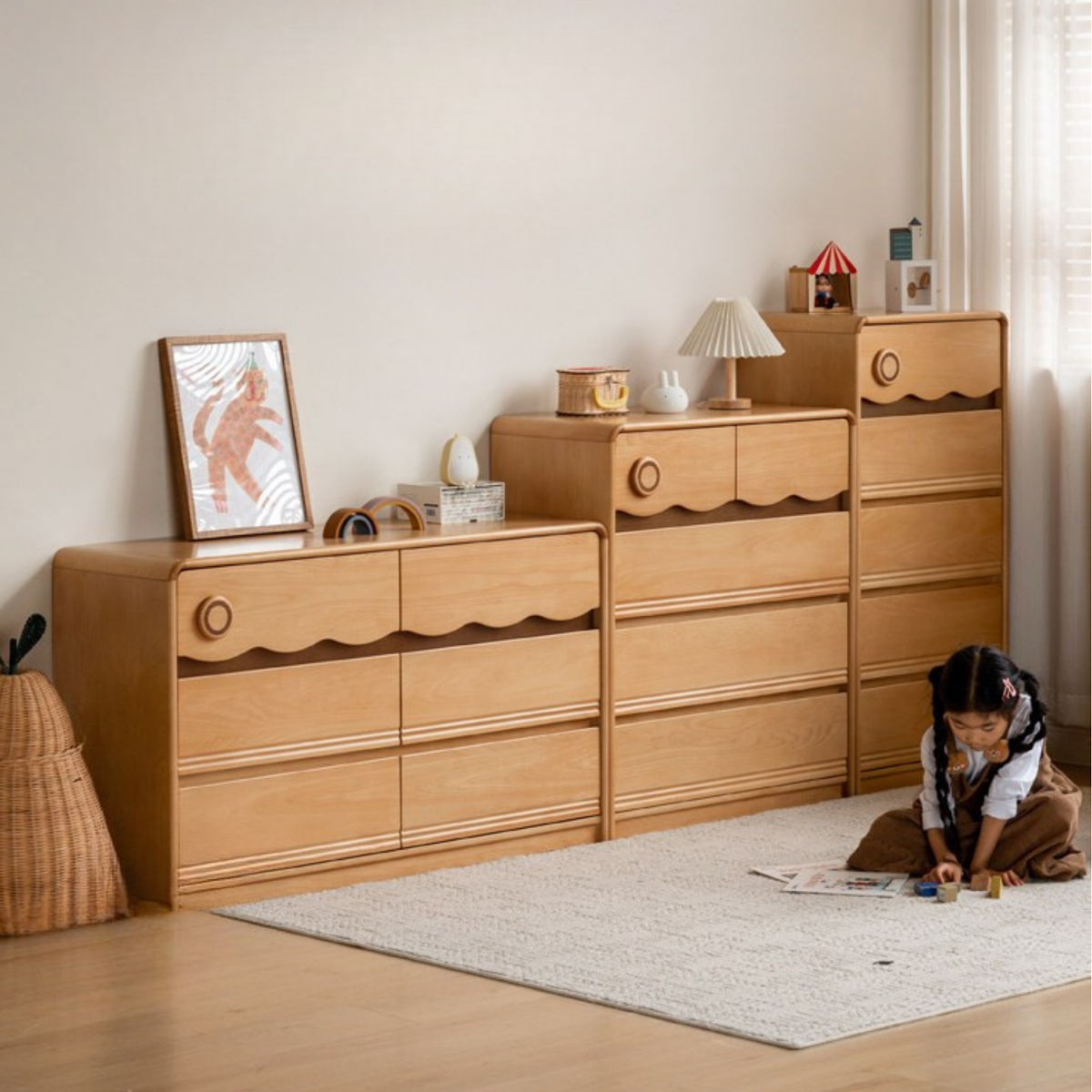 Beech Solid Wood, Solid RubberWood Scalloped Kids Dresser with Round Knobs