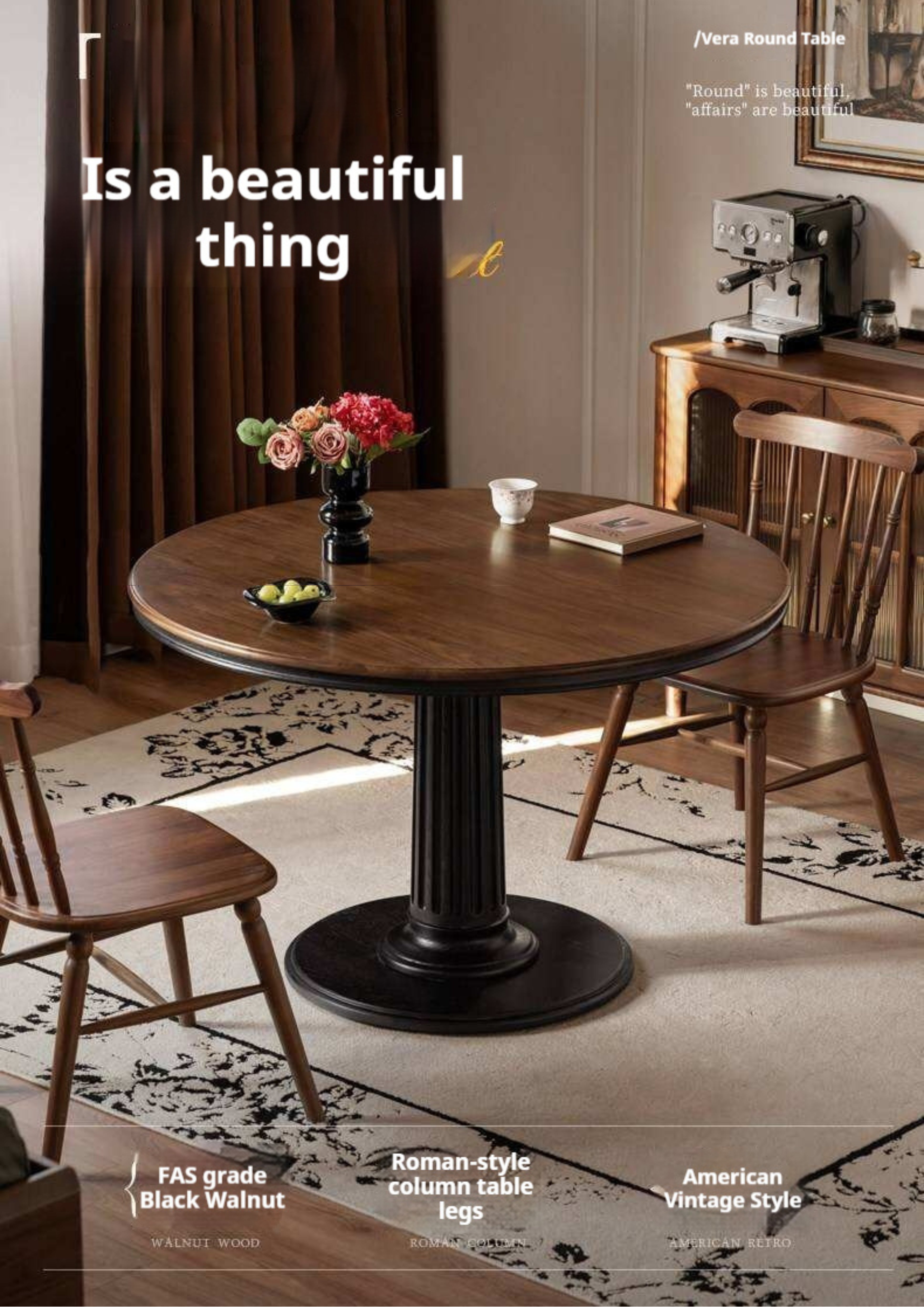 Black Walnut Solid Wood American Retro Round Dining Table