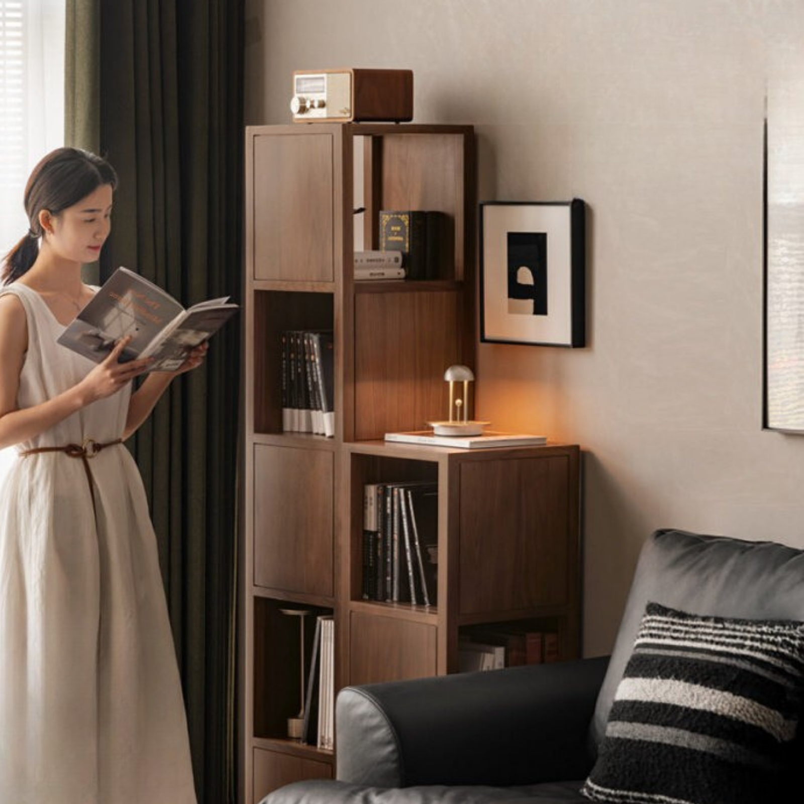 Black Walnut, Oak Solid Wood Corner Storage Bookshelf.