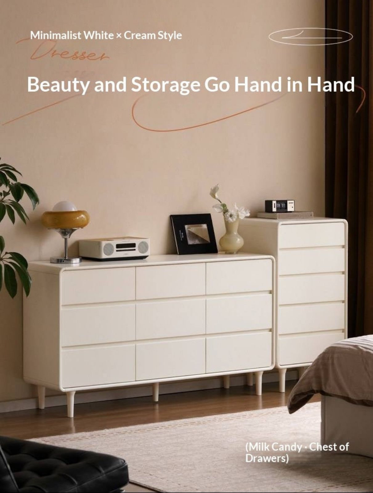 Tulipwood Solid Wood, Solid Rubberwood Milky Cream Style Chest of Drawers