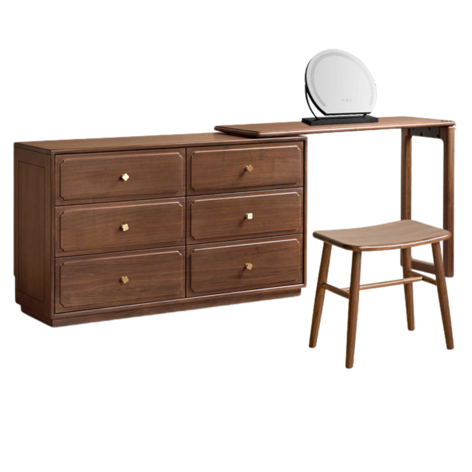 Black Walnut Solid Wood Dresser and Vanity Combo with Pull-Out Mirror Desk