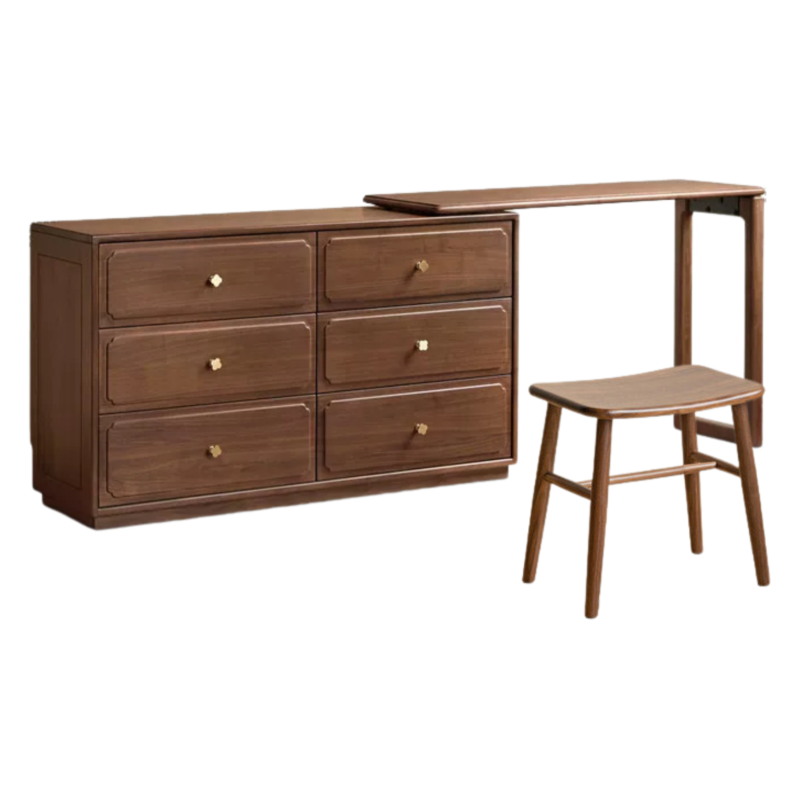 Black Walnut Solid Wood Dresser and Vanity Combo with Pull-Out Mirror Desk