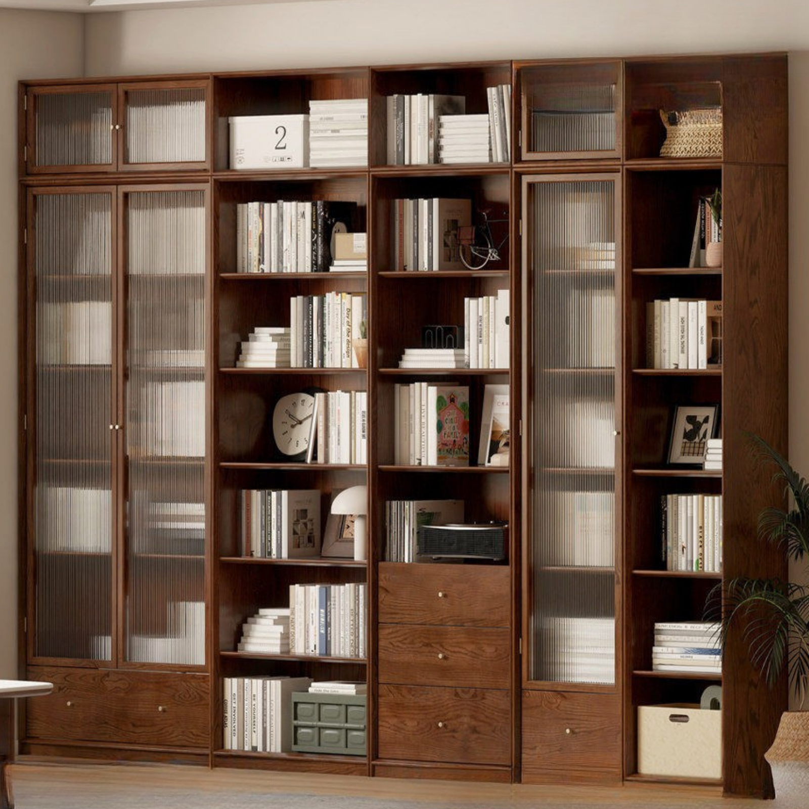 Oak, Ash Solid Wood Modular Bookcase with Glass Doors