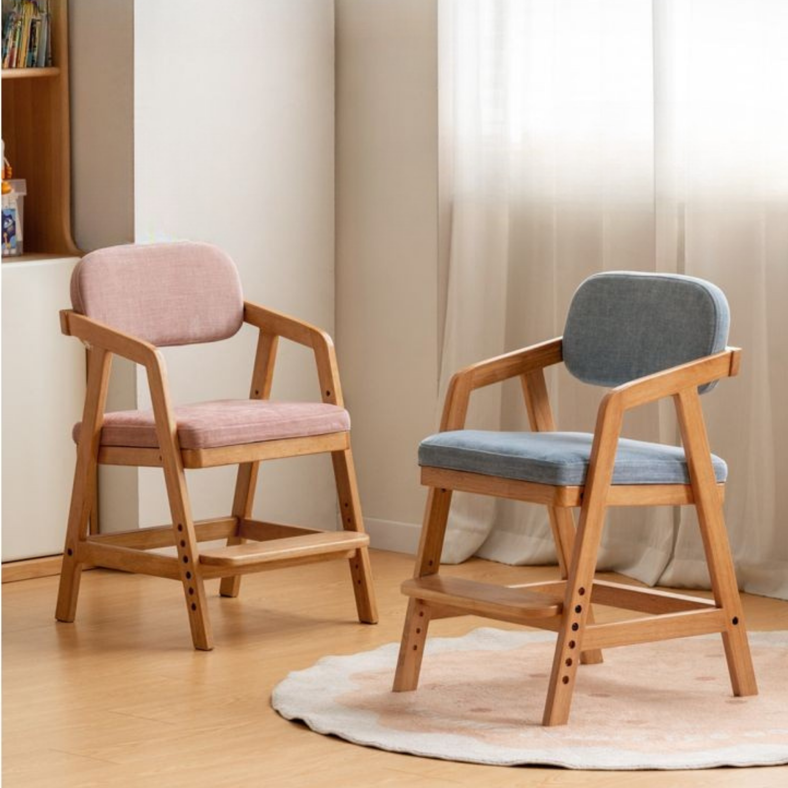 Solid Rubberwood Nordic Style Kids Chair with Adjustable Armrest