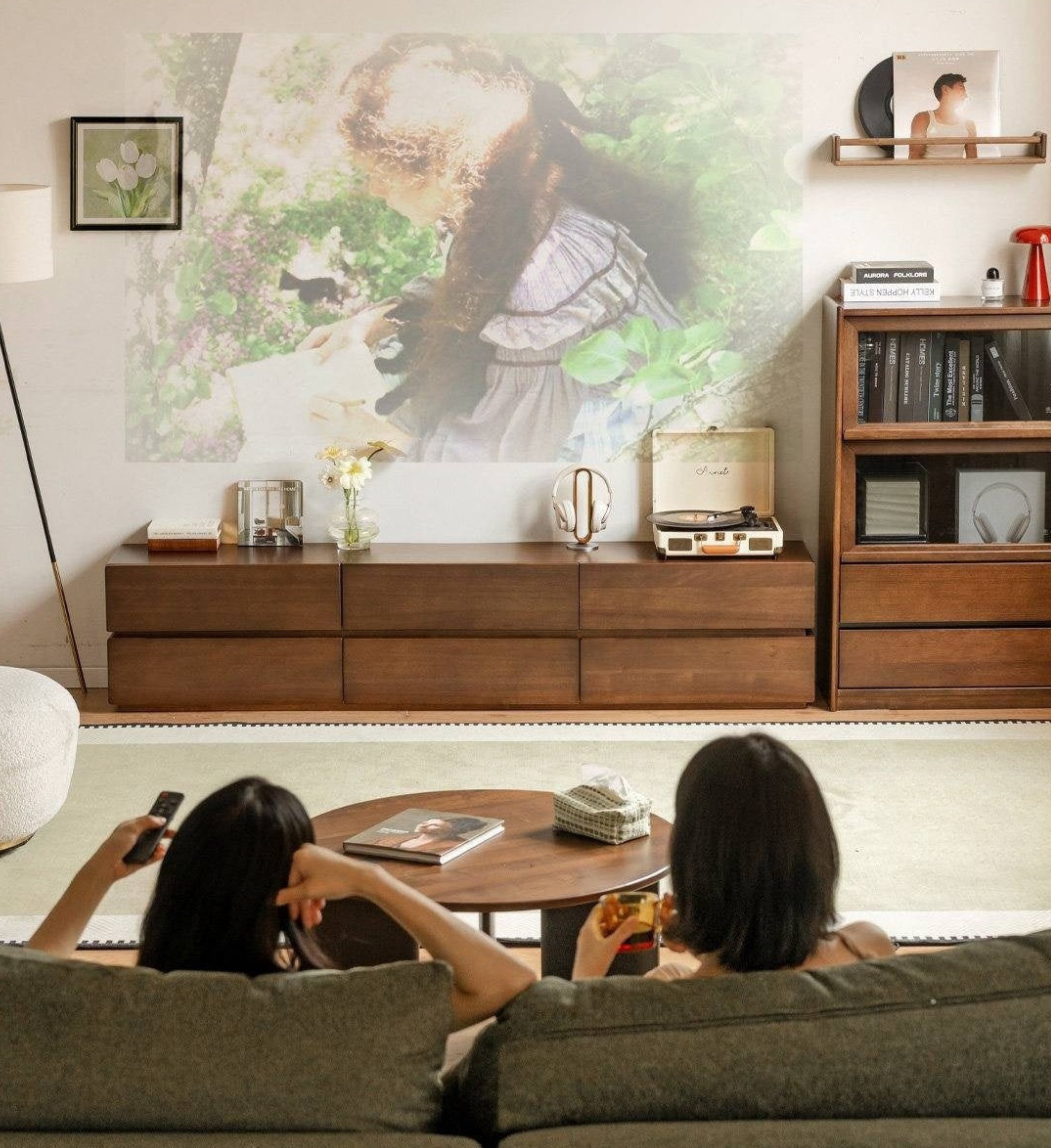 Solid Longan Hardwood Floating Media Console with Push-Open Drawers