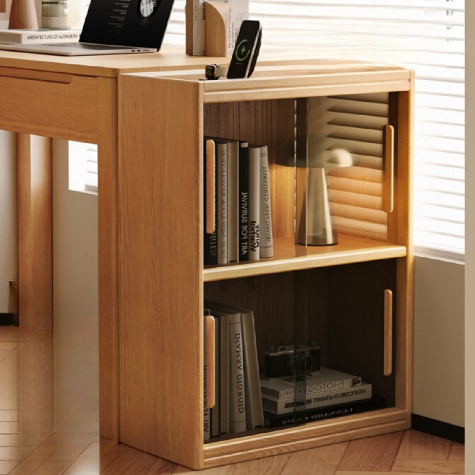 Oak Solid Wood Modern Minimalist Low Bookcase and Storage Cabinet