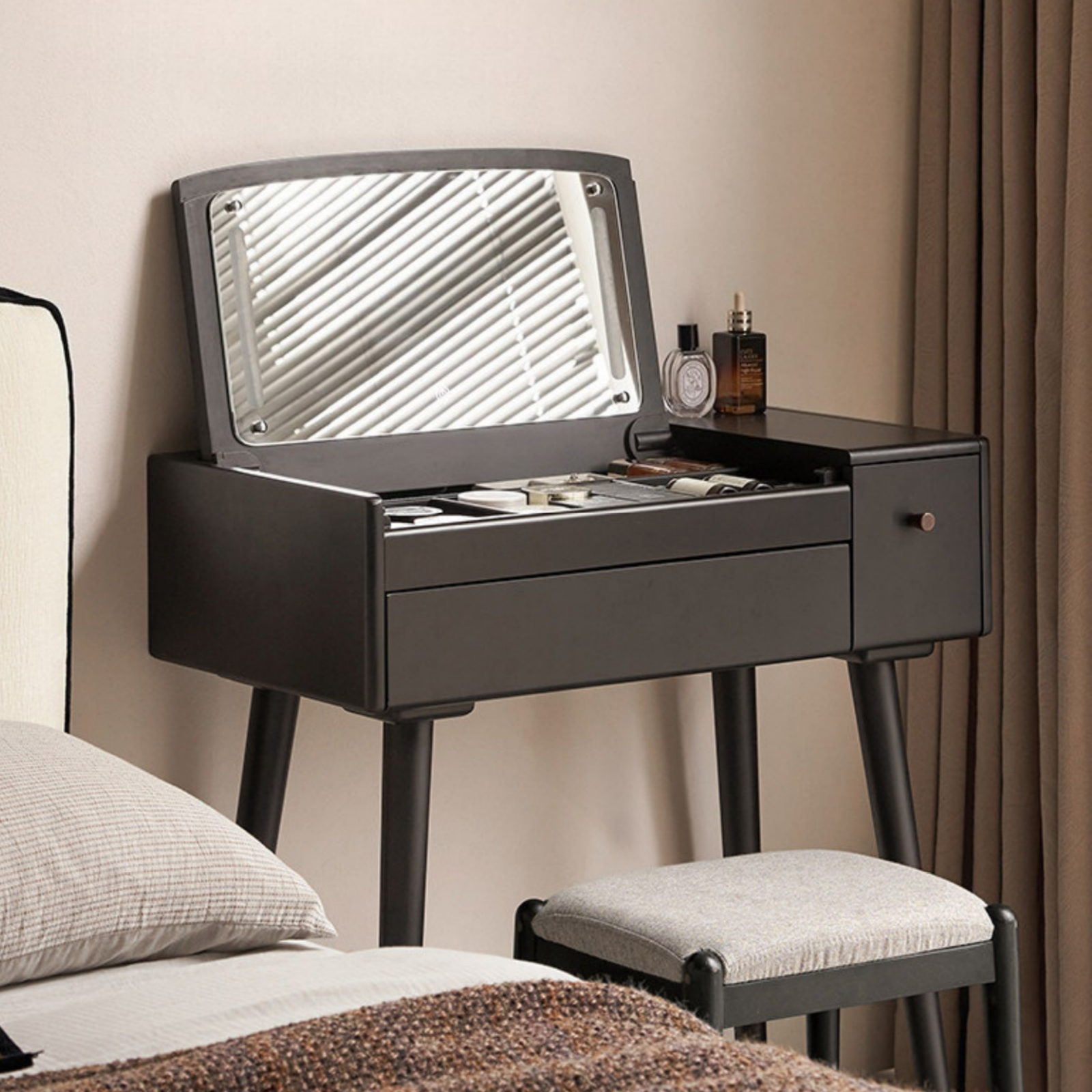 Solid RubberWood Black Vanity Table Mirror LED Touch