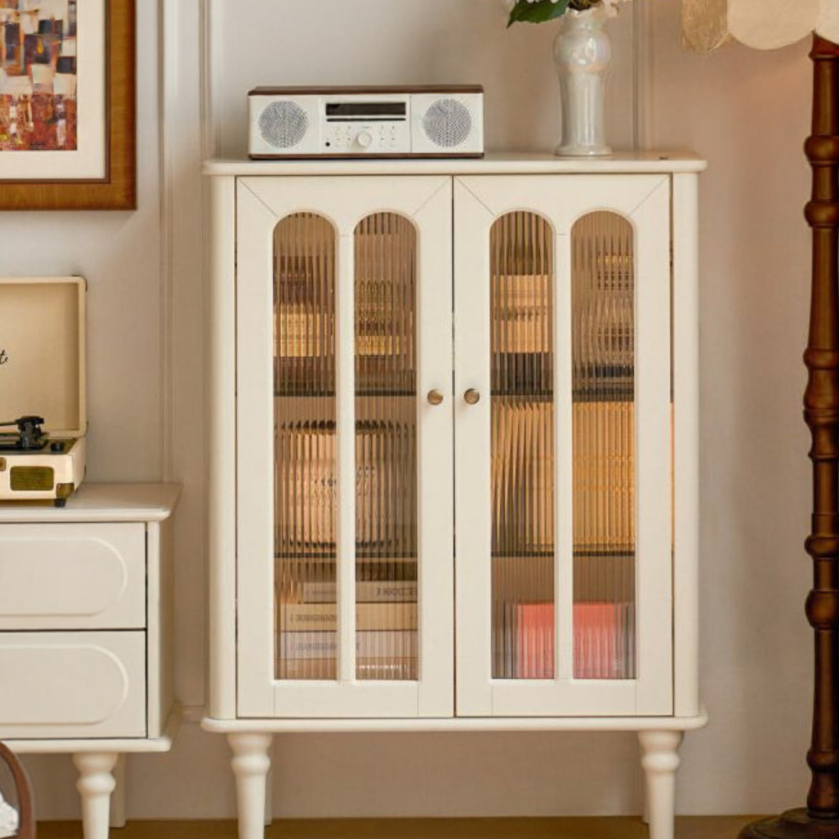 Solid RubberWood French Accent Cabinet with Round Arch Glass Doors and Turned Legs