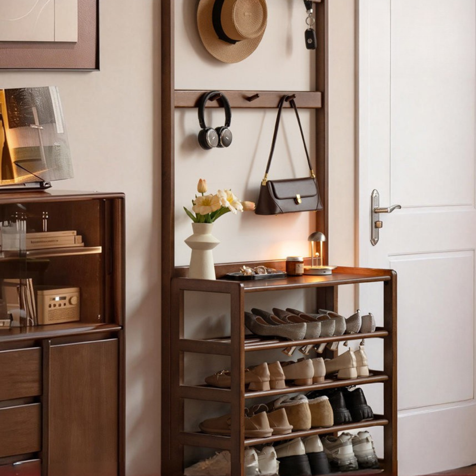 Solid RubberWood Modern Entryway Shoe Rack with Top Shelf and Hooks